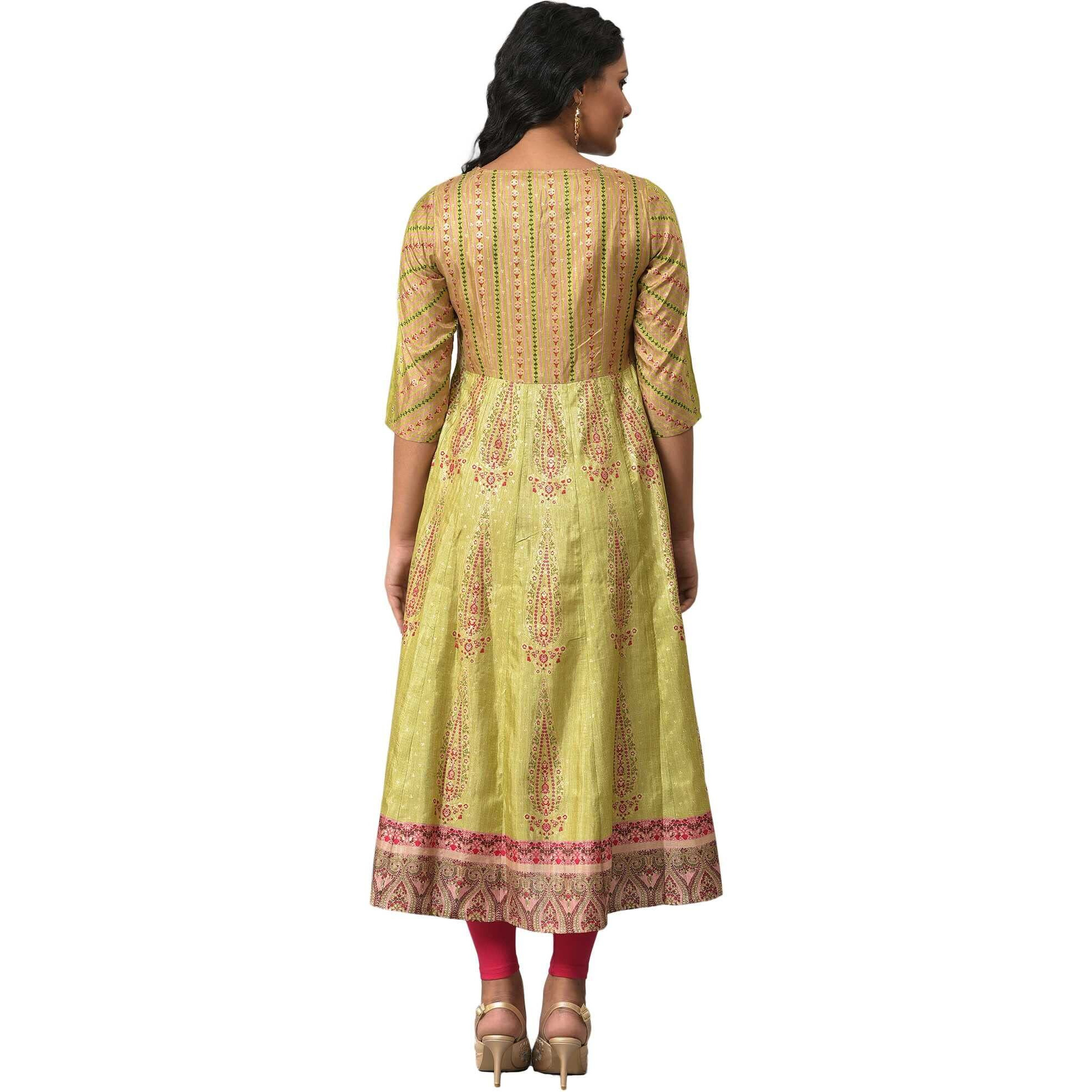 W Light Green Floral Printed Foil Women's Kurta Leggings Set