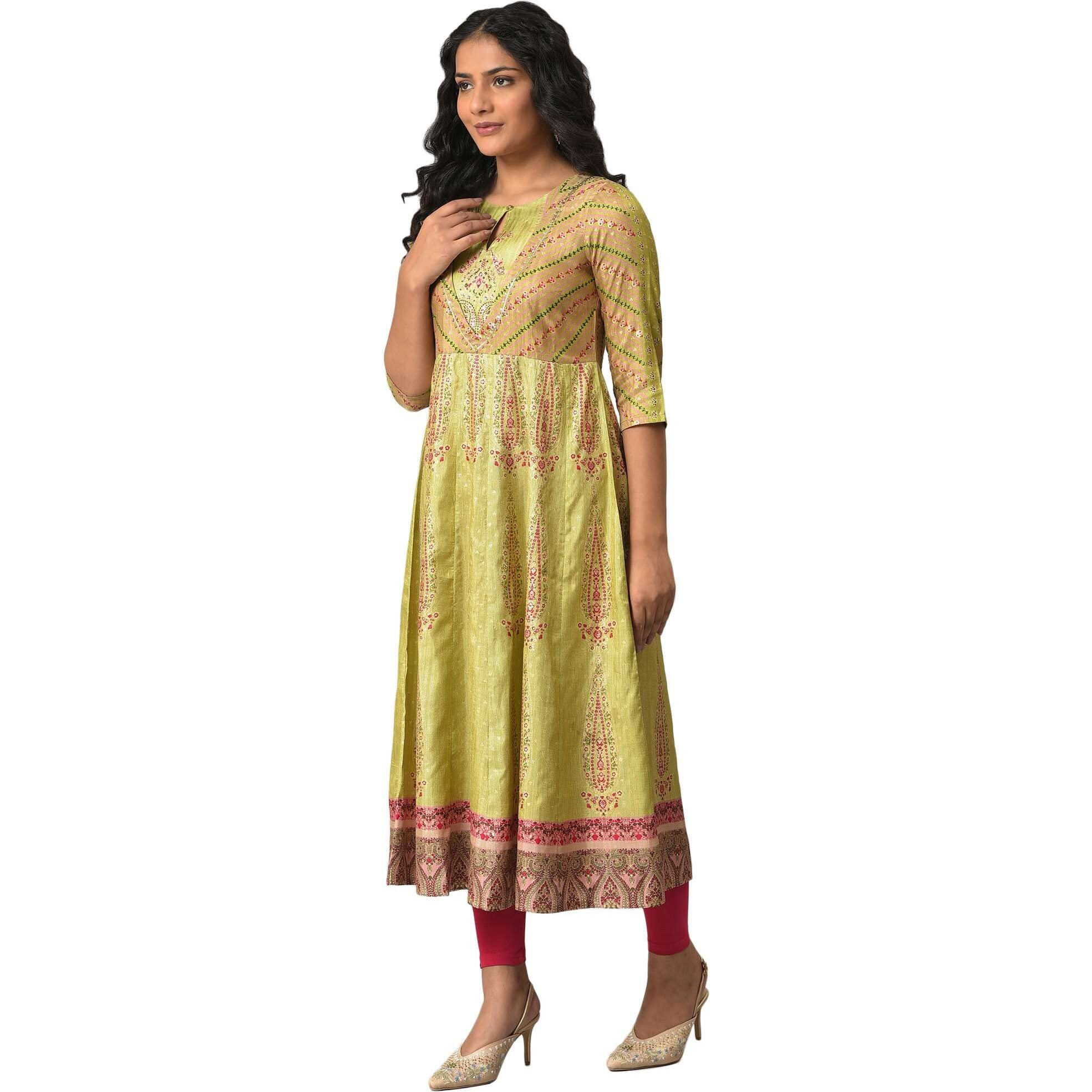 W Light Green Floral Printed Foil Women's Kurta Leggings Set