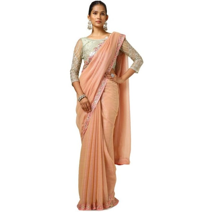 Soch Womens Peach Chiffon Striped Saree With Sequins