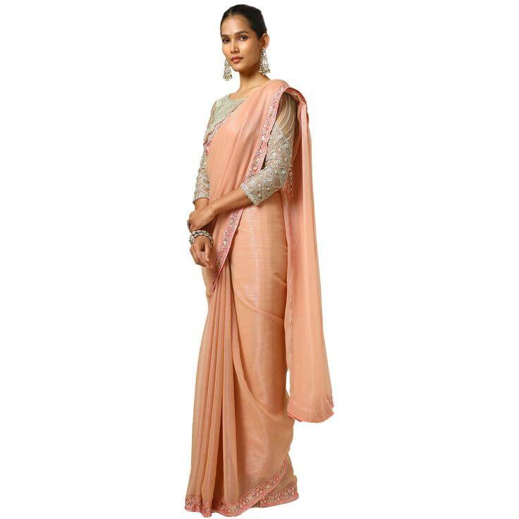 Soch Womens Peach Chiffon Striped Saree With Sequins