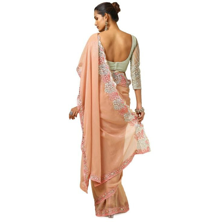Soch Womens Peach Chiffon Striped Saree With Sequins