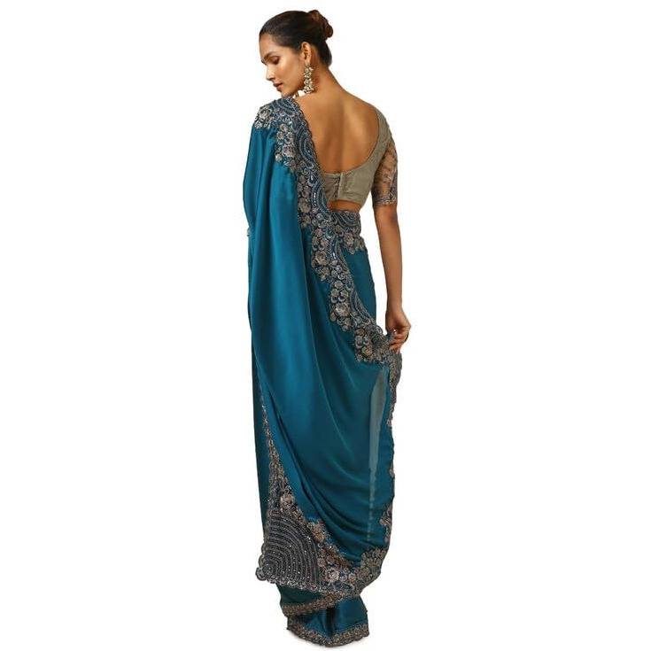 Soch Womens Teal Crepe Embroidered Saree With Sequins