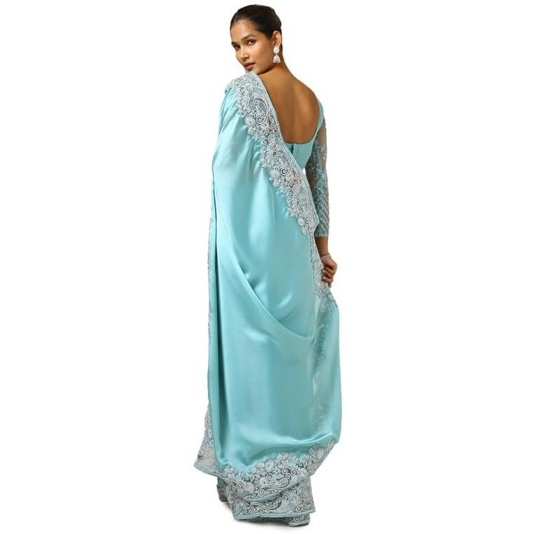 Soch Womens Turquoise Blue Crepe Embroidered Saree With Sequins