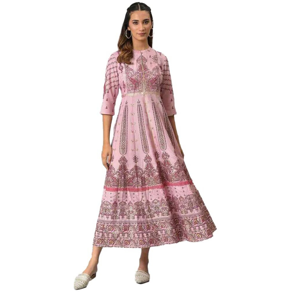 W For Woman Light Pink Floral Printed Foil Sequin A-Line Synthetic Dress