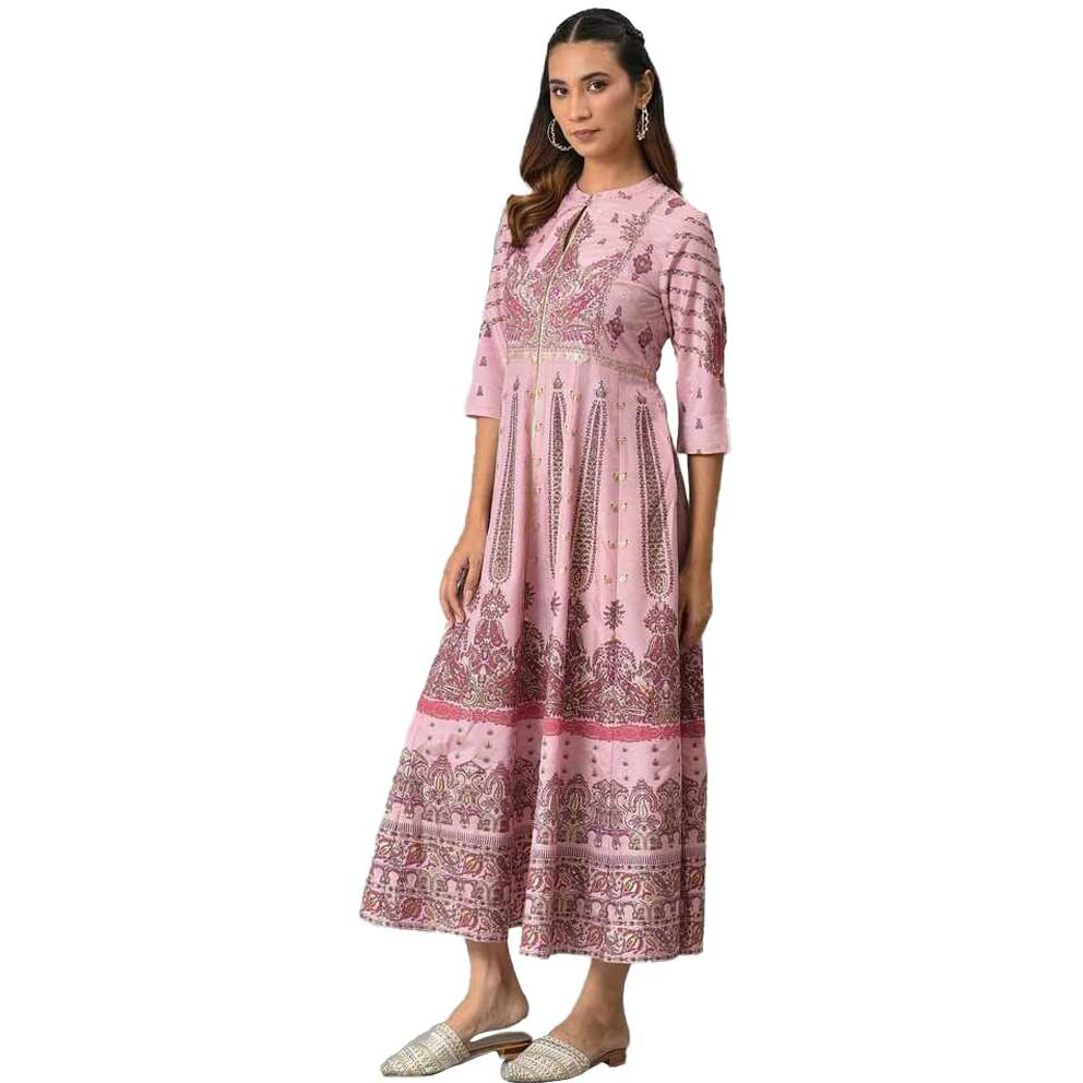 W For Woman Light Pink Floral Printed Foil Sequin A-Line Synthetic Dress