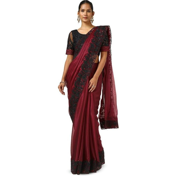 Soch Womens Maroon Chiffon Embroidered Saree With Sequins