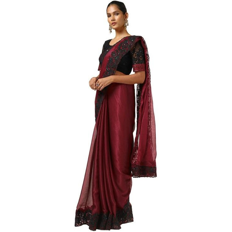 Soch Womens Maroon Chiffon Embroidered Saree With Sequins