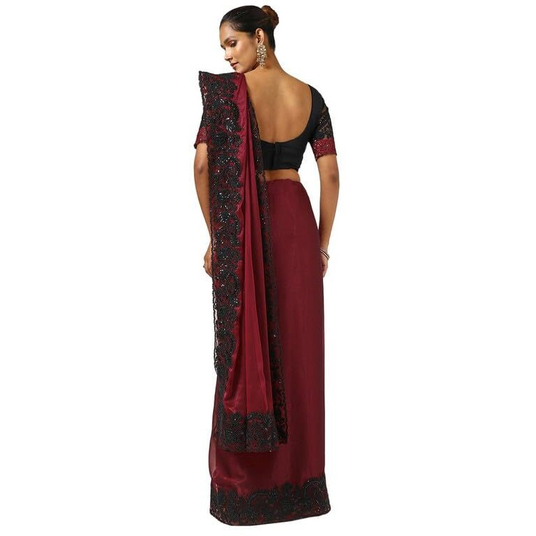Soch Womens Maroon Chiffon Embroidered Saree With Sequins