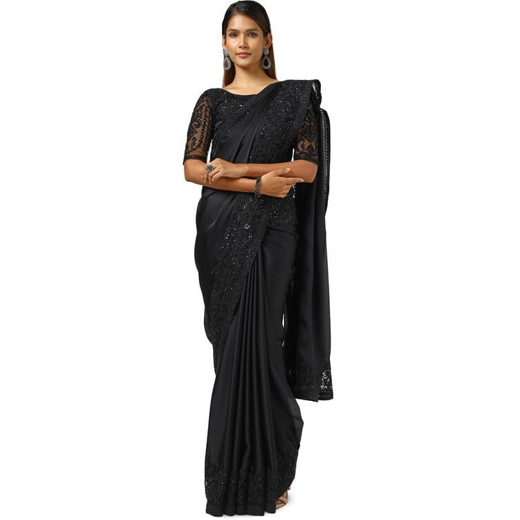 Soch Womens Black Crepe Embroidered Saree With Sequins