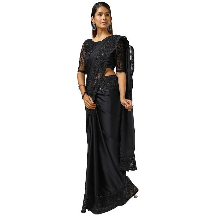 Soch Womens Black Crepe Embroidered Saree With Sequins