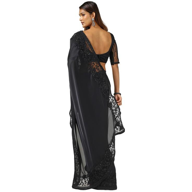 Soch Womens Black Crepe Embroidered Saree With Sequins