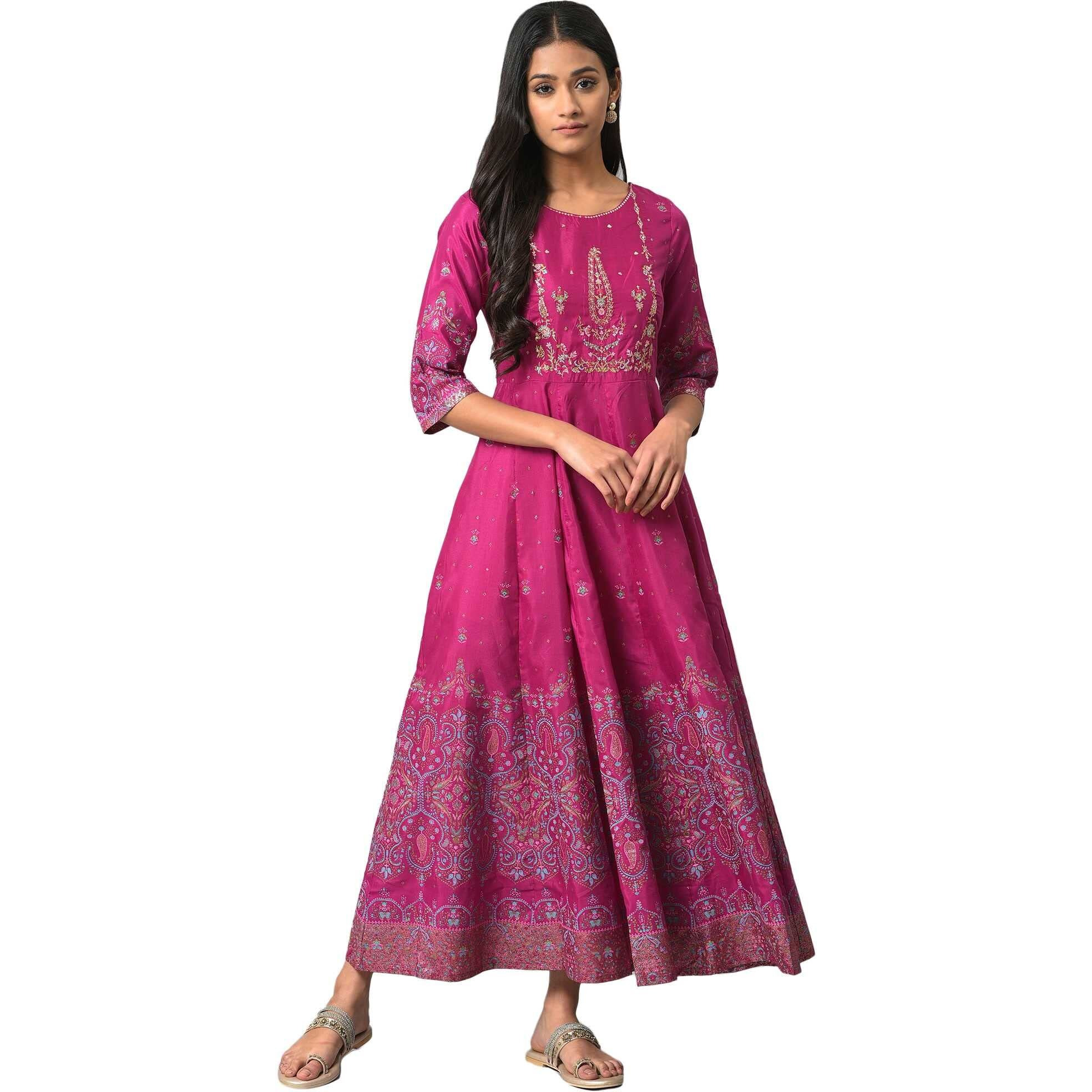 W Purple Embroidered Synthetic Glitter Maxi Dress For Women