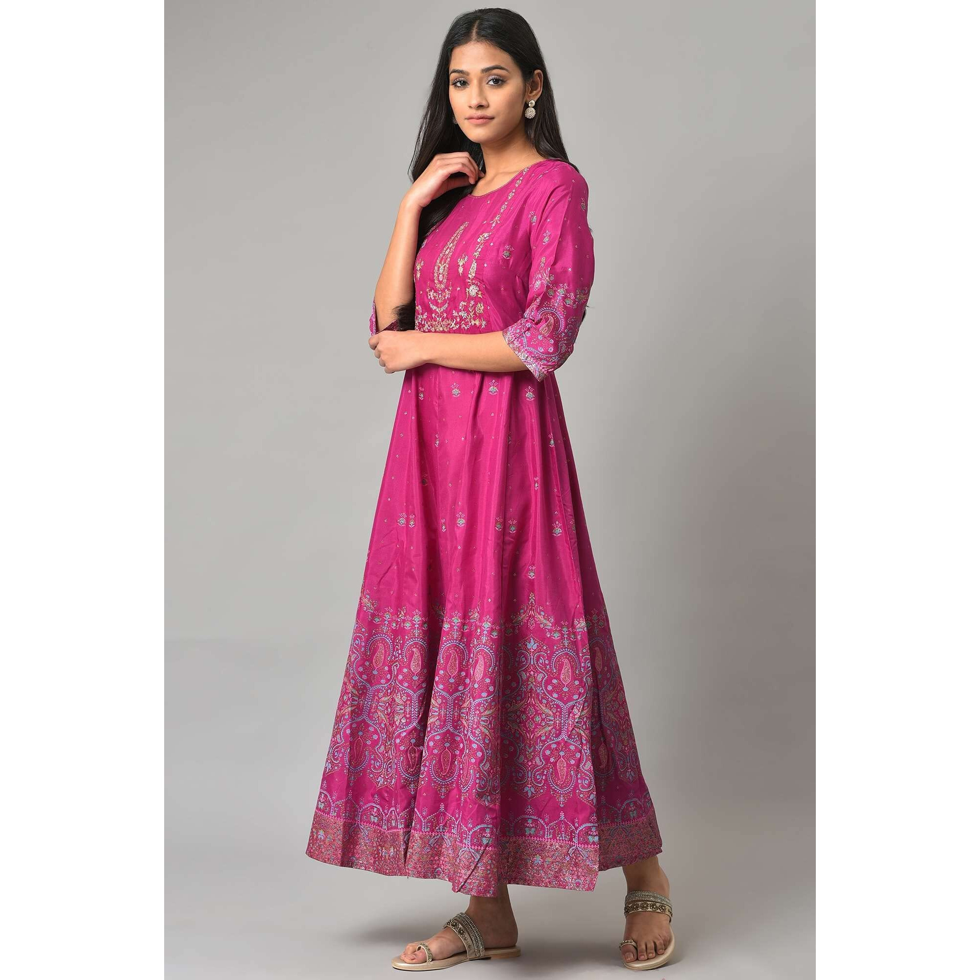 W Purple Embroidered Synthetic Glitter Maxi Dress For Women