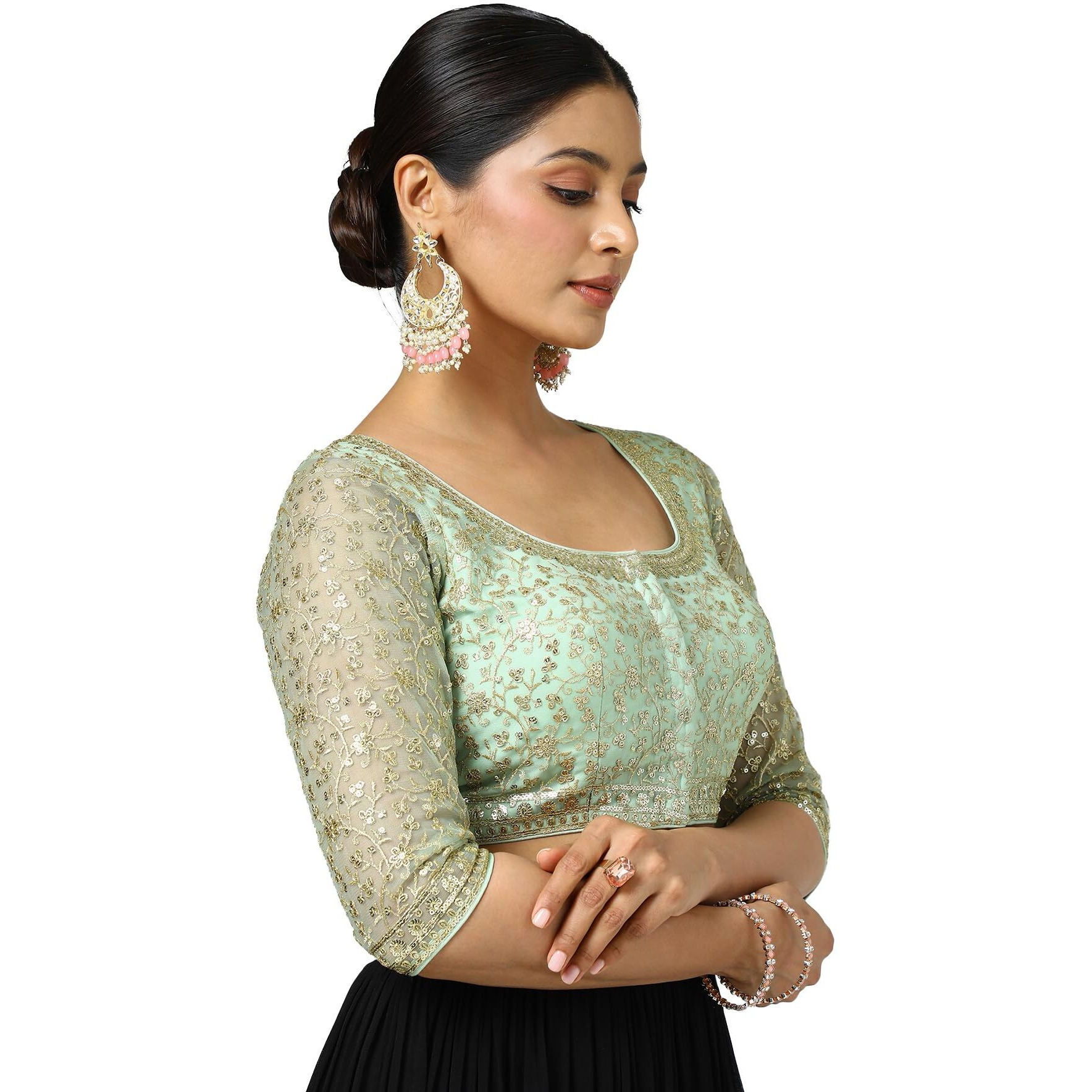 Soch Women's Net Embellished Short Sleeve Regular Fit Blouse (Blfsemb00649_Green 36)