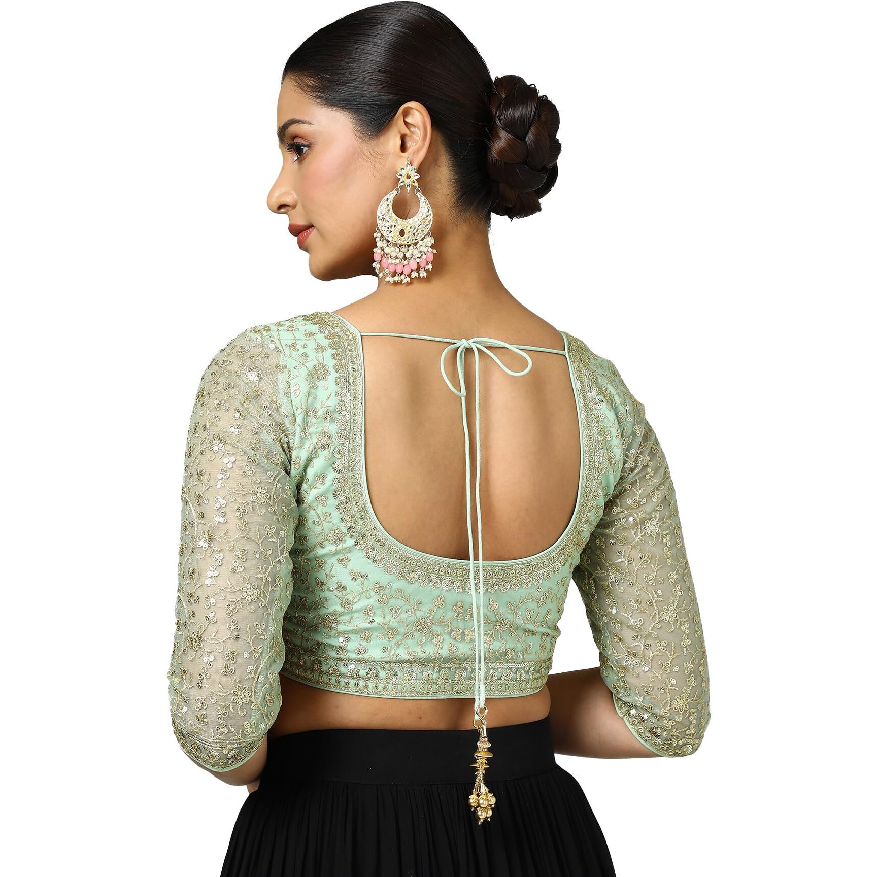 Soch Women's Net Embellished Short Sleeve Regular Fit Blouse (Blfsemb00649_Green 36)
