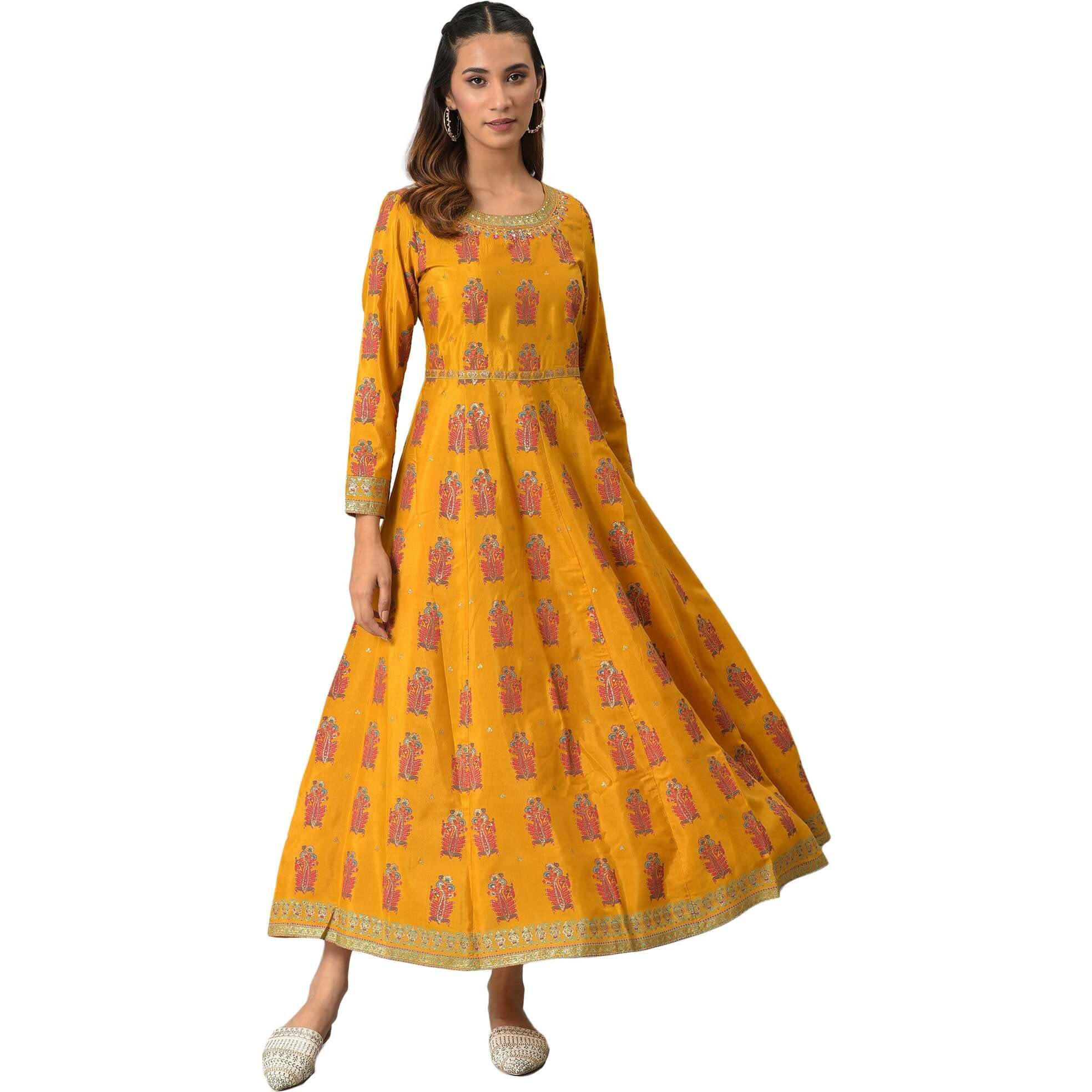 W For Woman Yellow Floral Printed Synthetic Maxi Dress With Embroidery