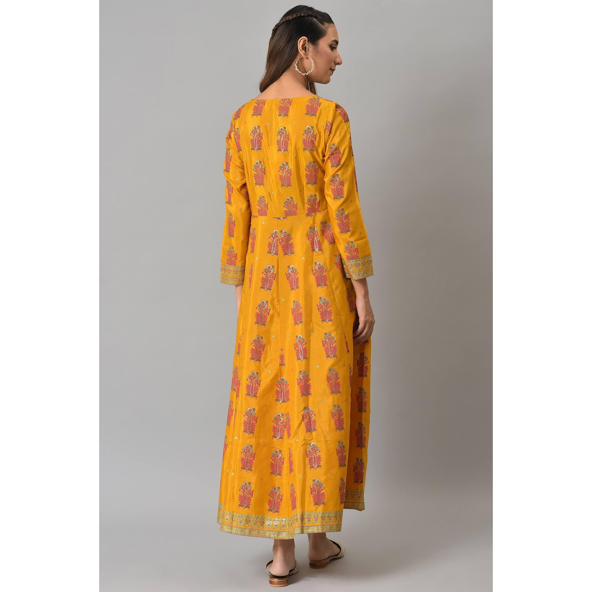 W For Woman Yellow Floral Printed Synthetic Maxi Dress With Embroidery