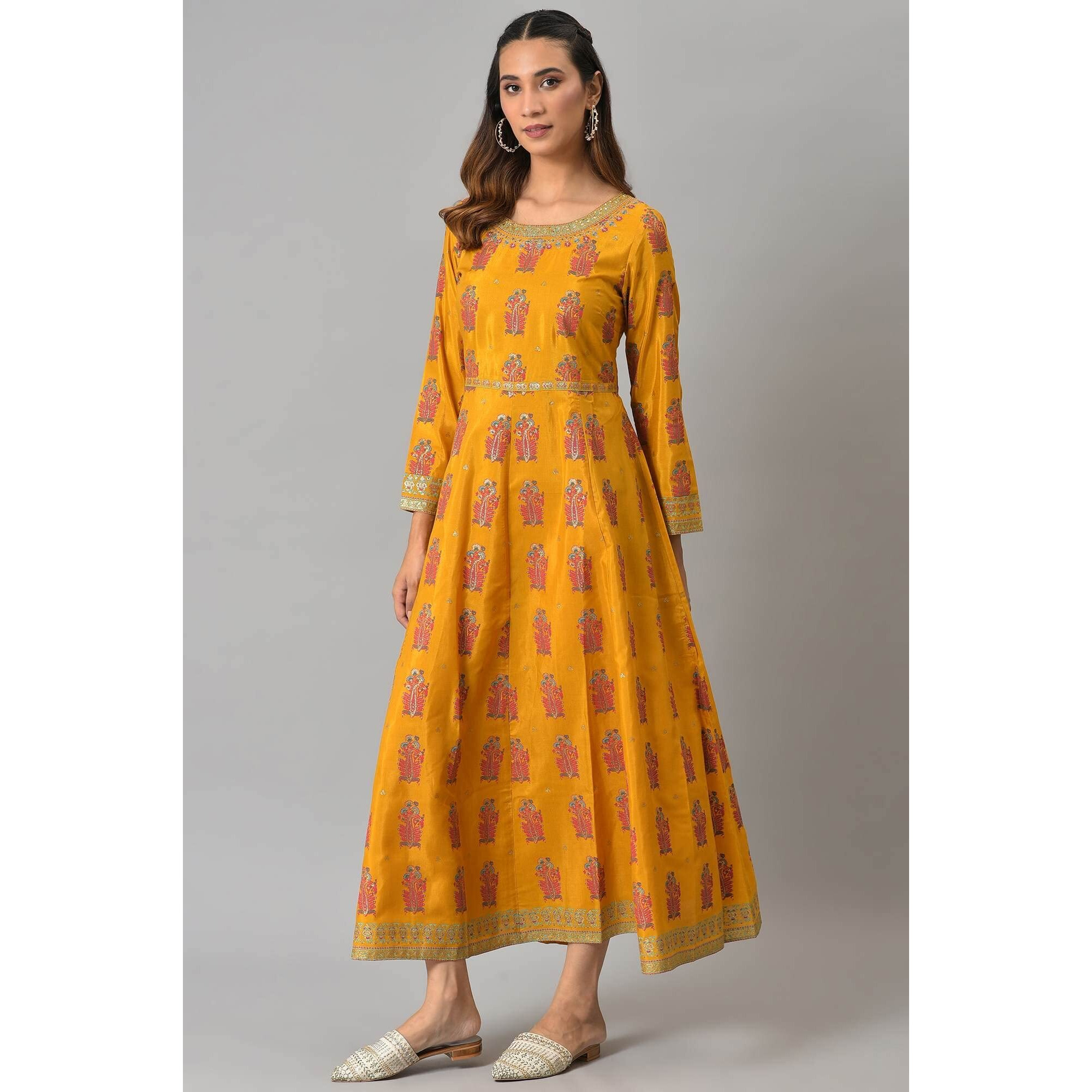 W For Woman Yellow Floral Printed Synthetic Maxi Dress With Embroidery