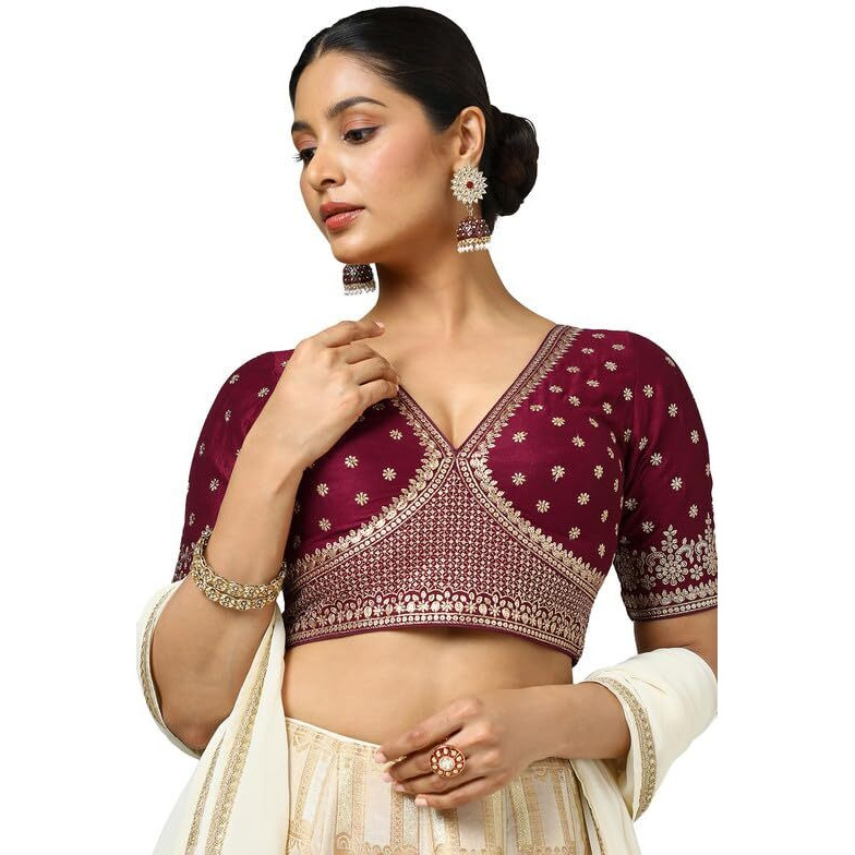 Soch Womens Maroon Tussar Embroidered Padded Blouse With Sequins