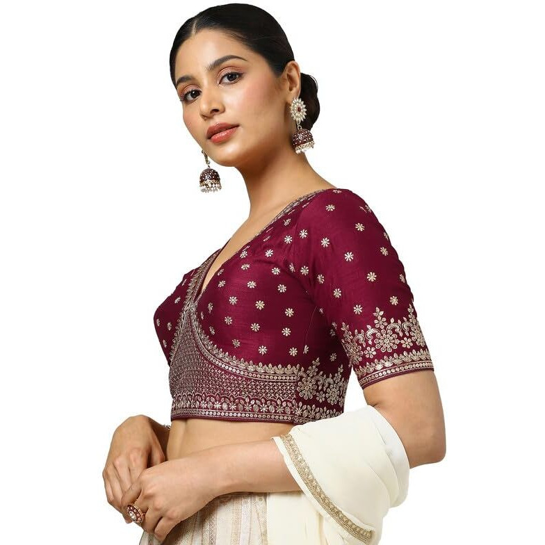 Soch Womens Maroon Tussar Embroidered Padded Blouse With Sequins