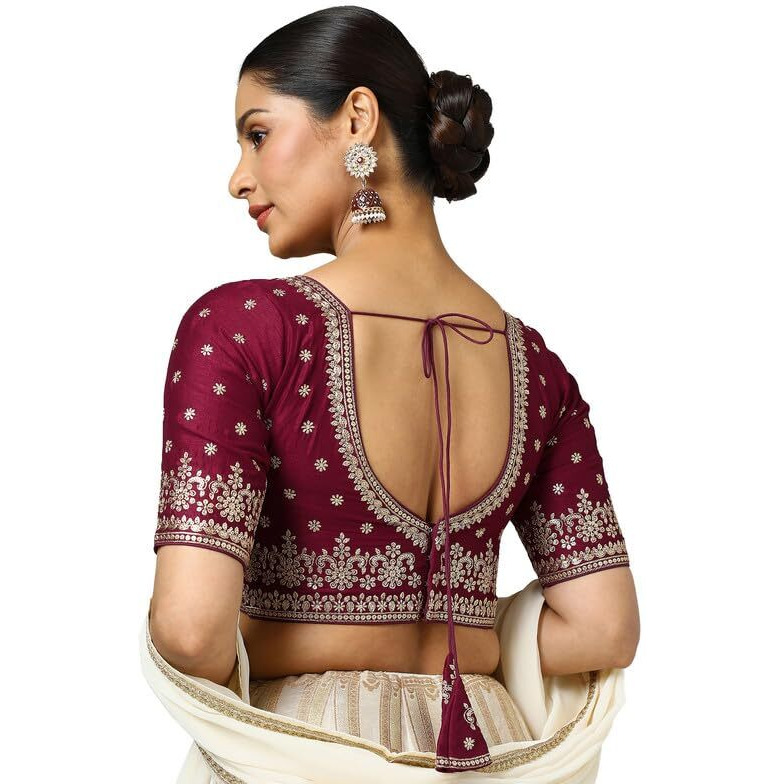 Soch Womens Maroon Tussar Embroidered Padded Blouse With Sequins