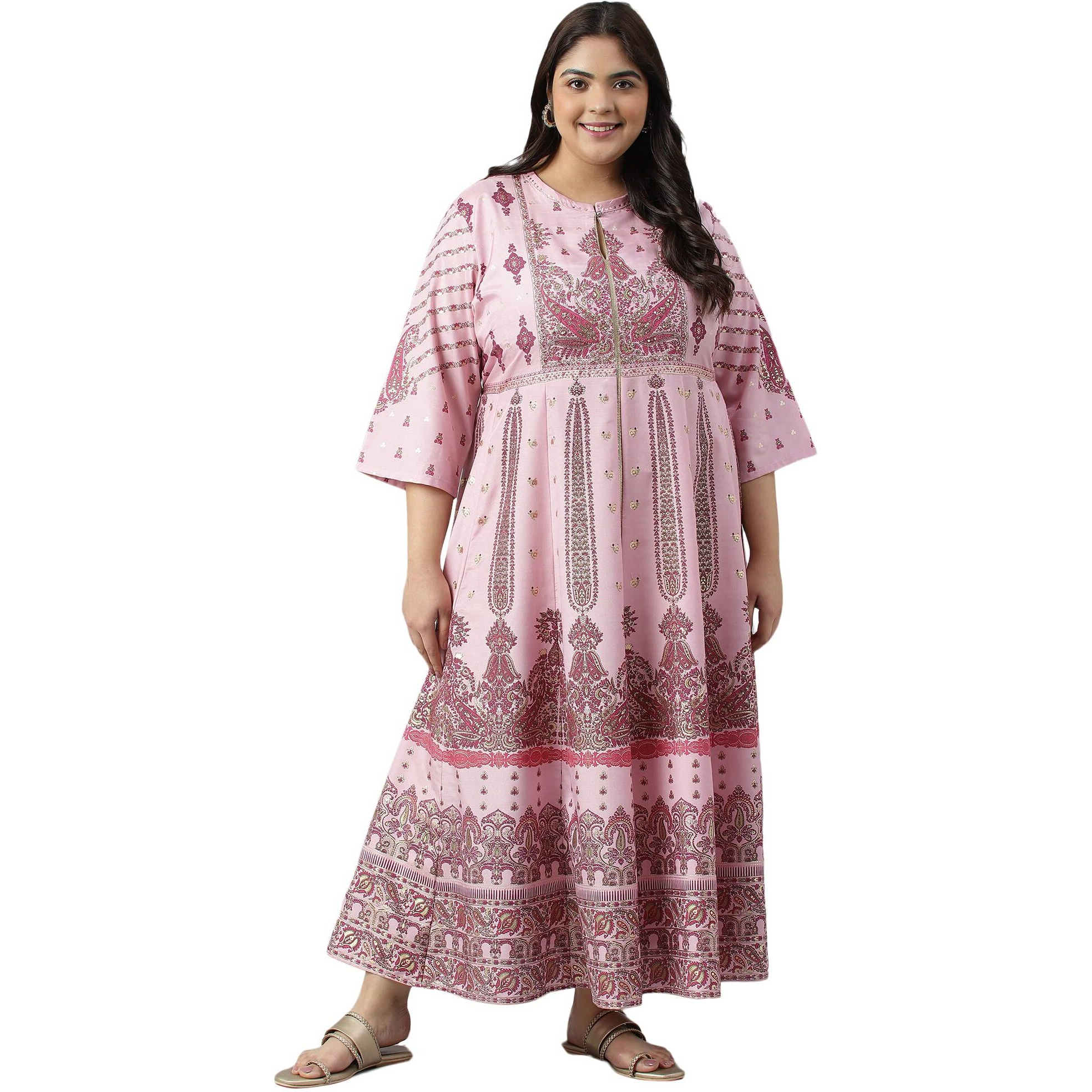 W For Woman Women's Polyester Plus Size Cameo Pink Floral Printed Festive Dress Ankle Length 22Auw18271G-119052