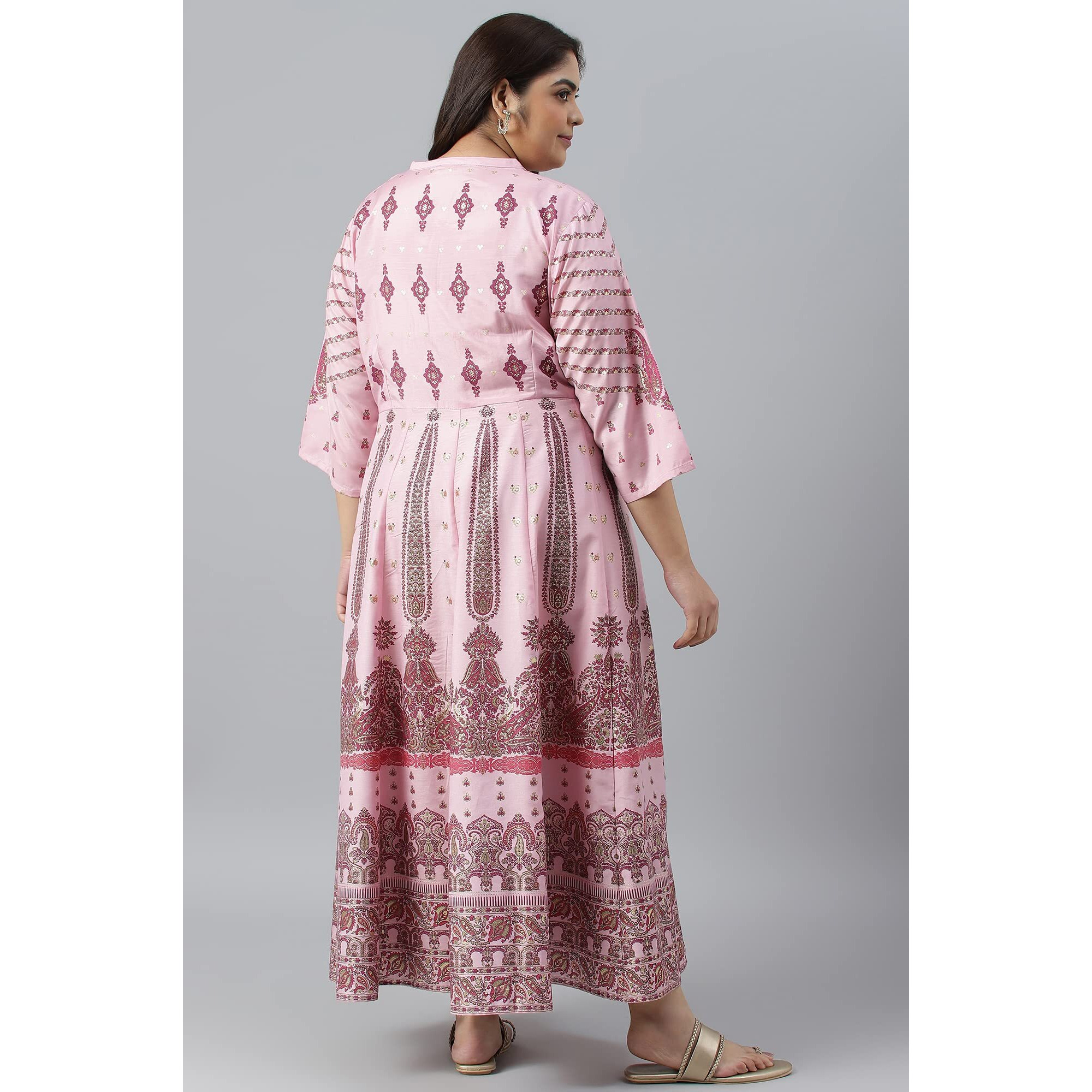 W For Woman Women's Polyester Plus Size Cameo Pink Floral Printed Festive Dress Ankle Length 22Auw18271G-119052