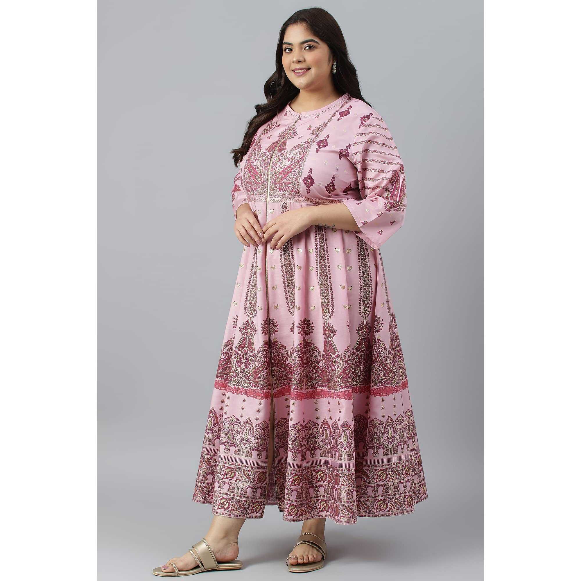 W For Woman Women's Polyester Plus Size Cameo Pink Floral Printed Festive Dress Ankle Length 22Auw18271G-119052