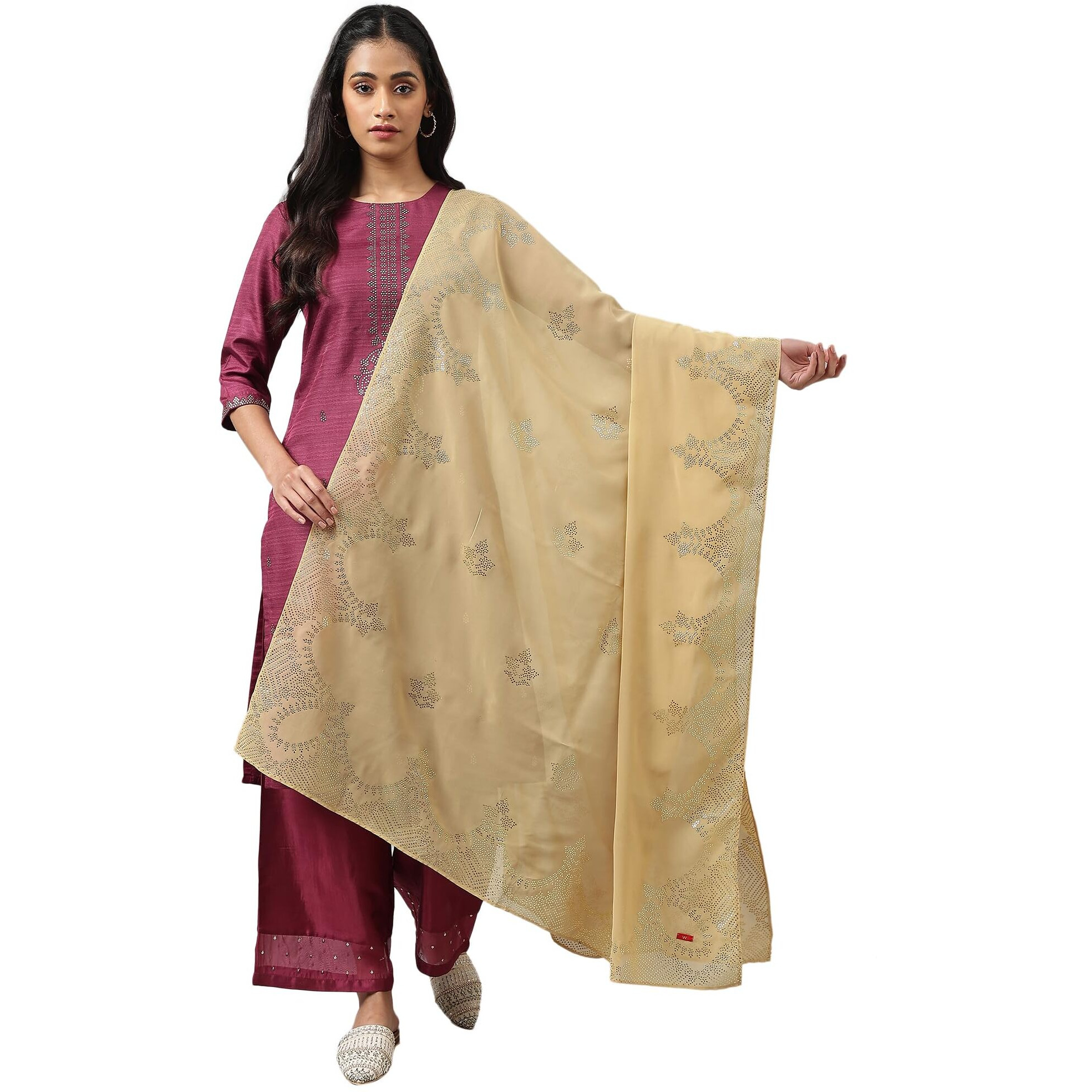 W For Woman Women Golden Grainy Georgette Mukaish Dupatta_22Auw81662-119934_Free Size
