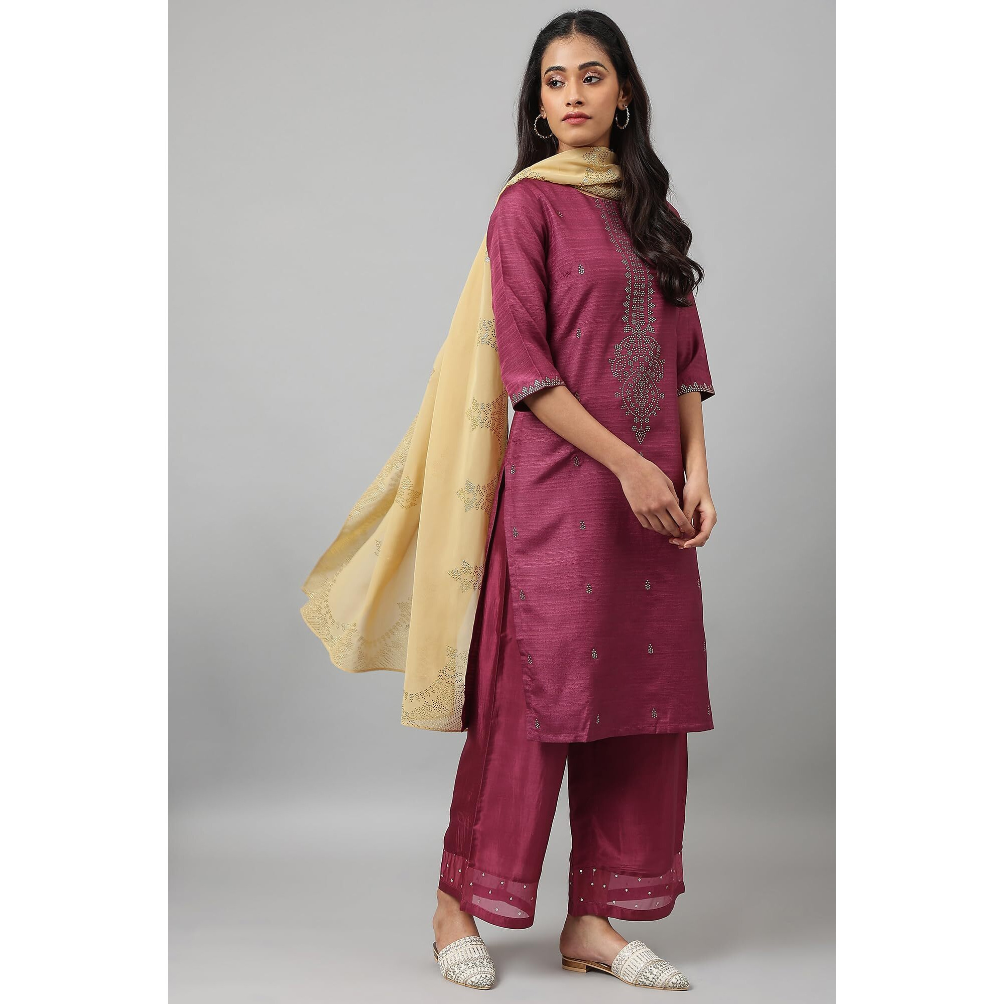 W For Woman Women Golden Grainy Georgette Mukaish Dupatta_22Auw81662-119934_Free Size