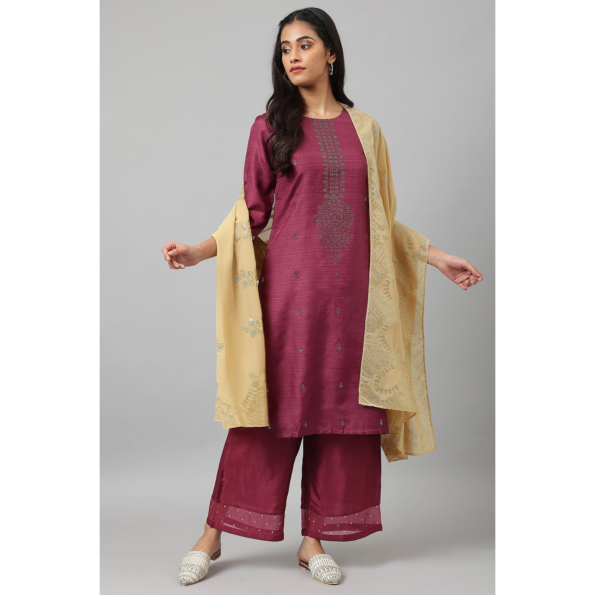 W For Woman Women Golden Grainy Georgette Mukaish Dupatta_22Auw81662-119934_Free Size