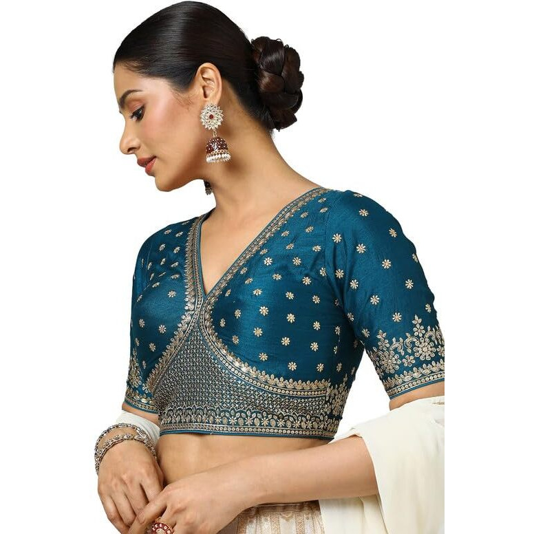 Soch Womens Teal Tussar Embroidered Blouse With Sequins