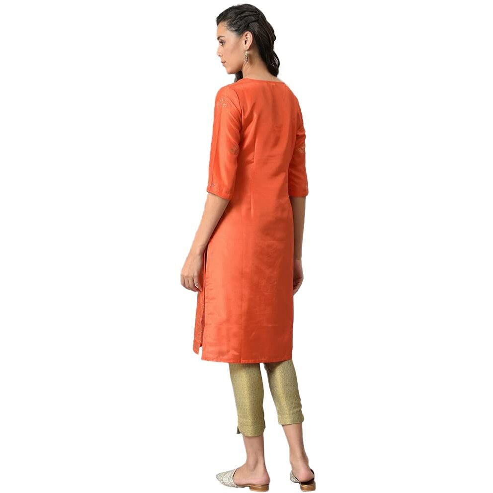 W For Woman Orange Geometric Printed Sequined Synthetic Regular Kurta With Mukaish
