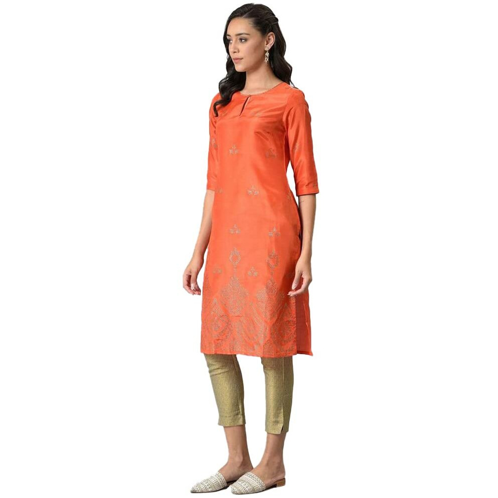 W For Woman Orange Geometric Printed Sequined Synthetic Regular Kurta With Mukaish