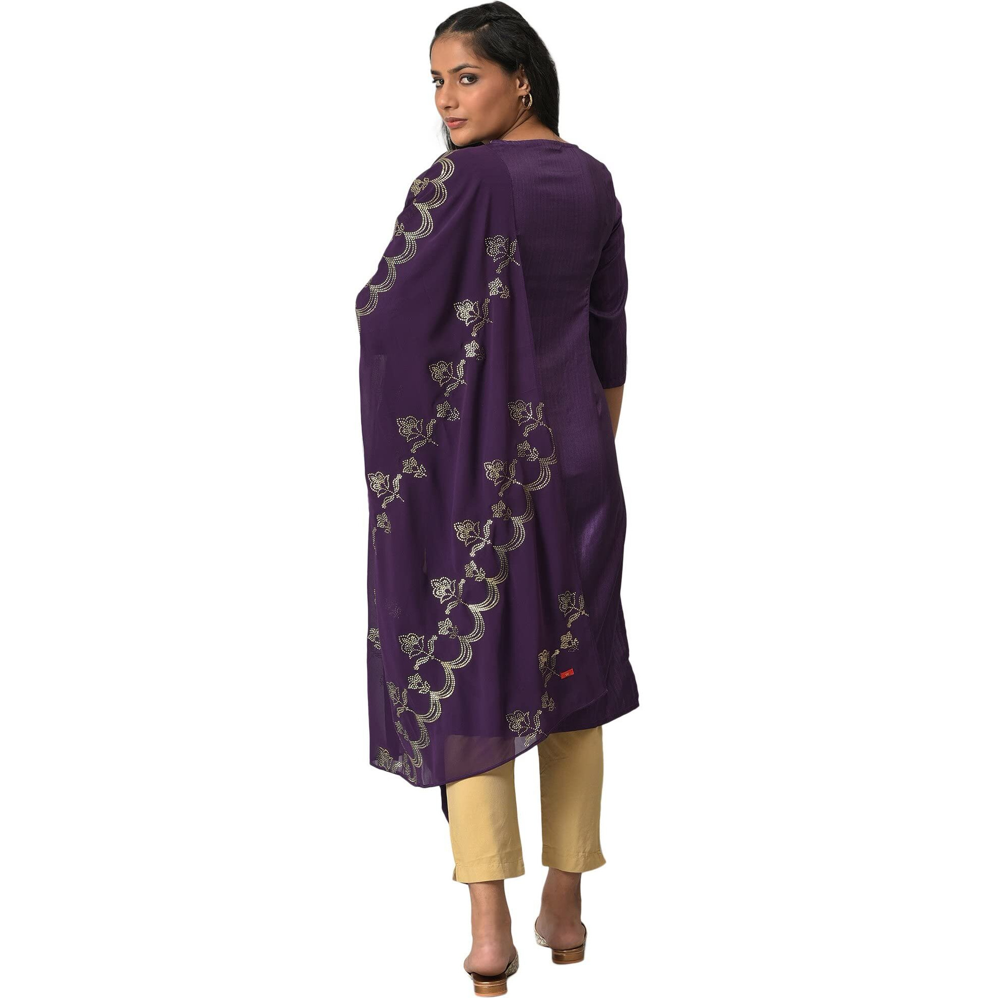 W For Woman Deep Purple Karnatka Silk Kurta With Green Slim Pants And Mukaish Dupatta