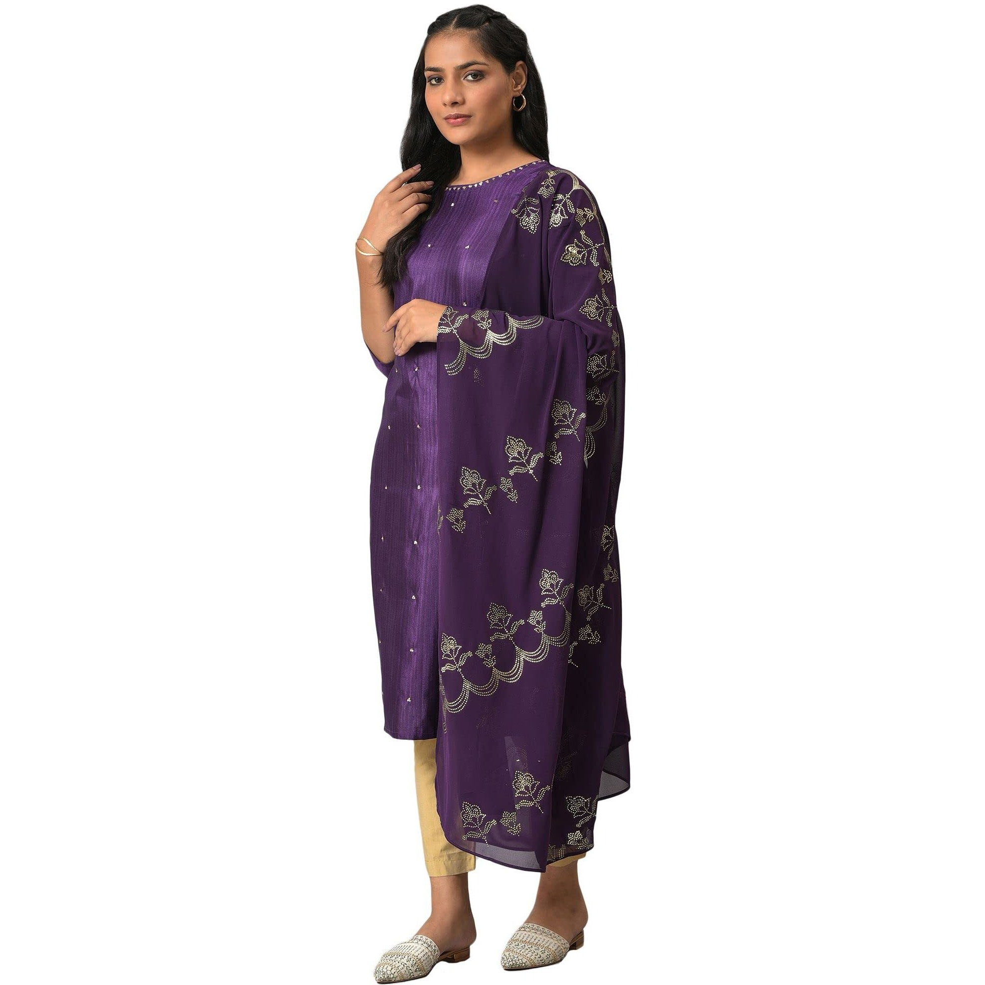W For Woman Deep Purple Karnatka Silk Kurta With Green Slim Pants And Mukaish Dupatta
