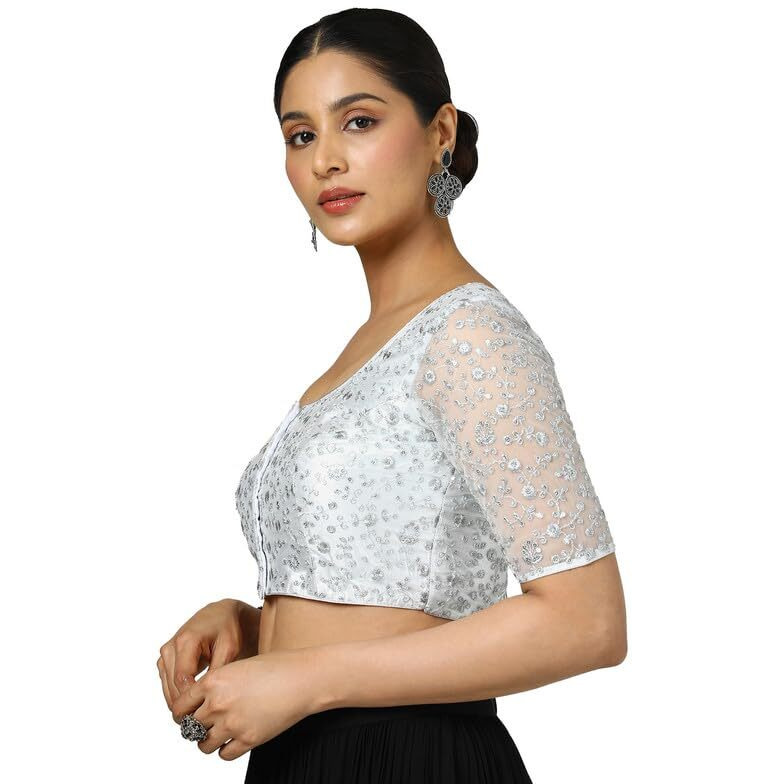 Soch Womens Silver Net Embroidered Padded Blouse With Sequins