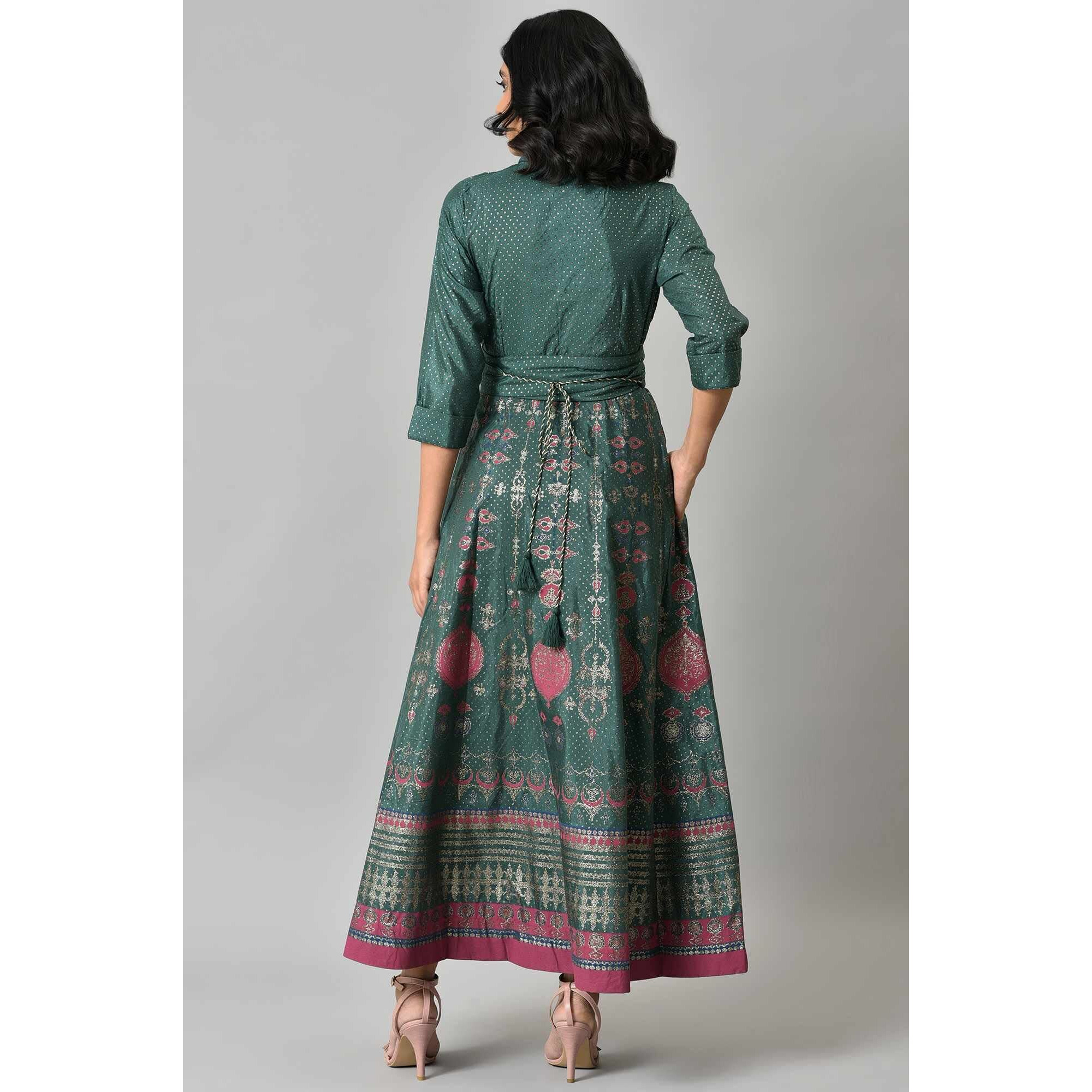 W For Woman Green Synthetic Foil Maxi Dress With Metallic Embroidery