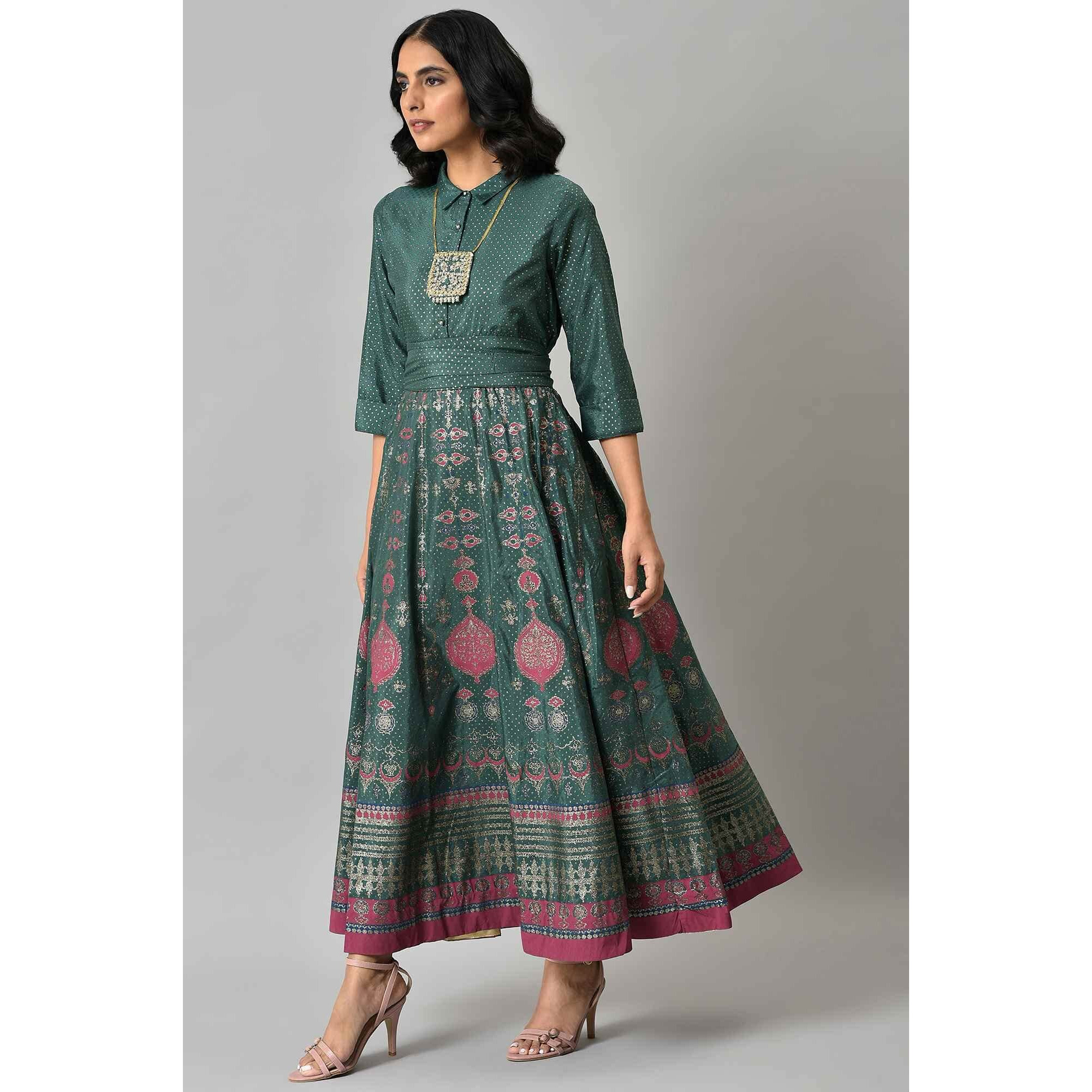 W For Woman Green Synthetic Foil Maxi Dress With Metallic Embroidery