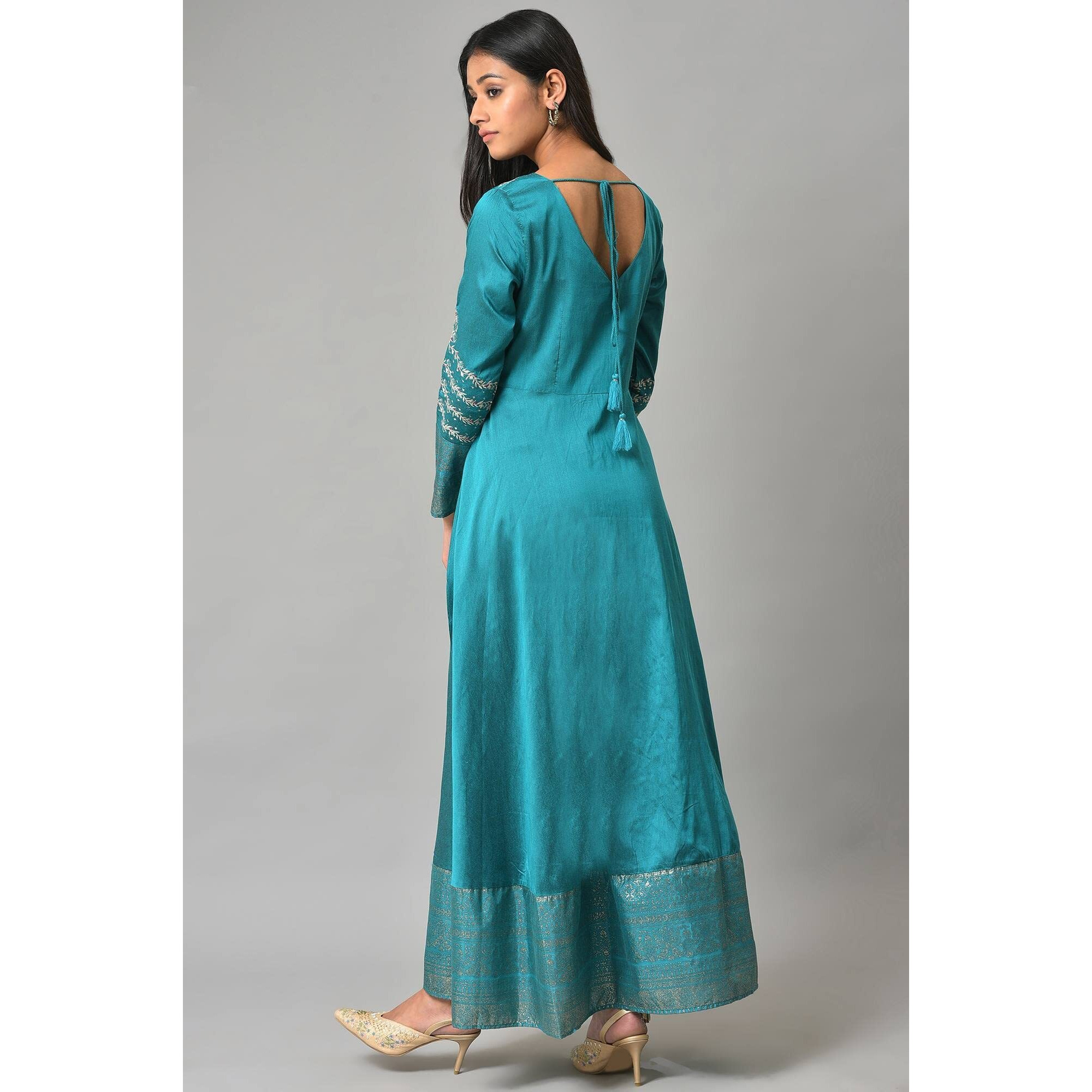 W Teal Embroidered Blend Maxi Dress For Women