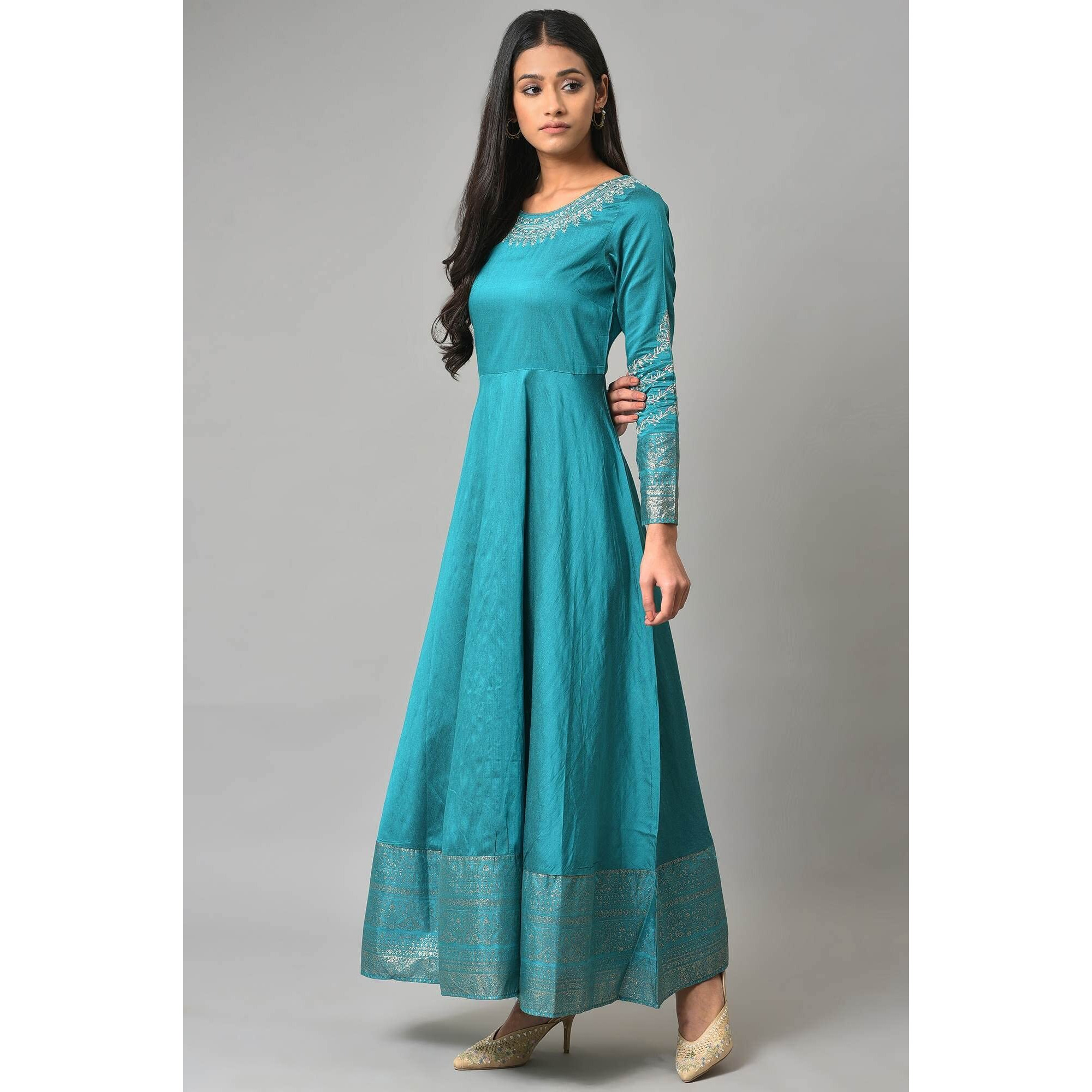 W Teal Embroidered Blend Maxi Dress For Women