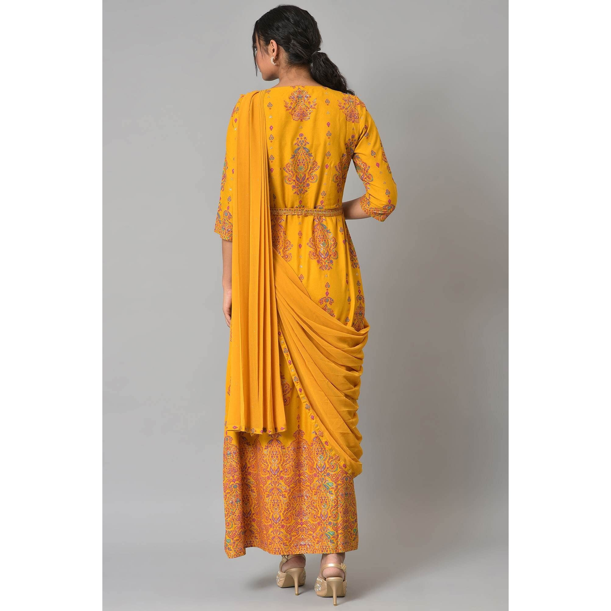 W For Woman Yellow Ethnic Motif Glitter Embroidered Stylised Dress