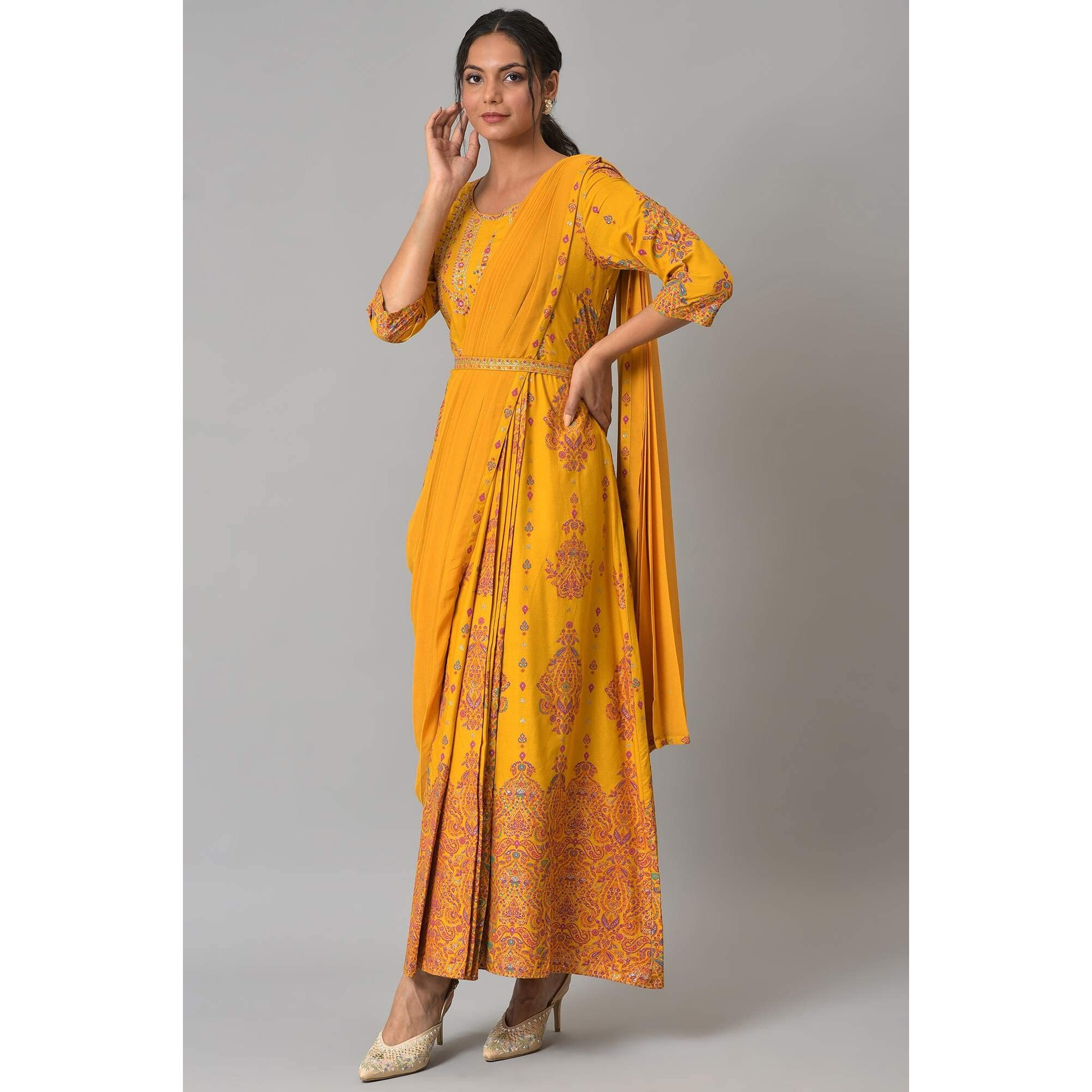 W For Woman Yellow Ethnic Motif Glitter Embroidered Stylised Dress