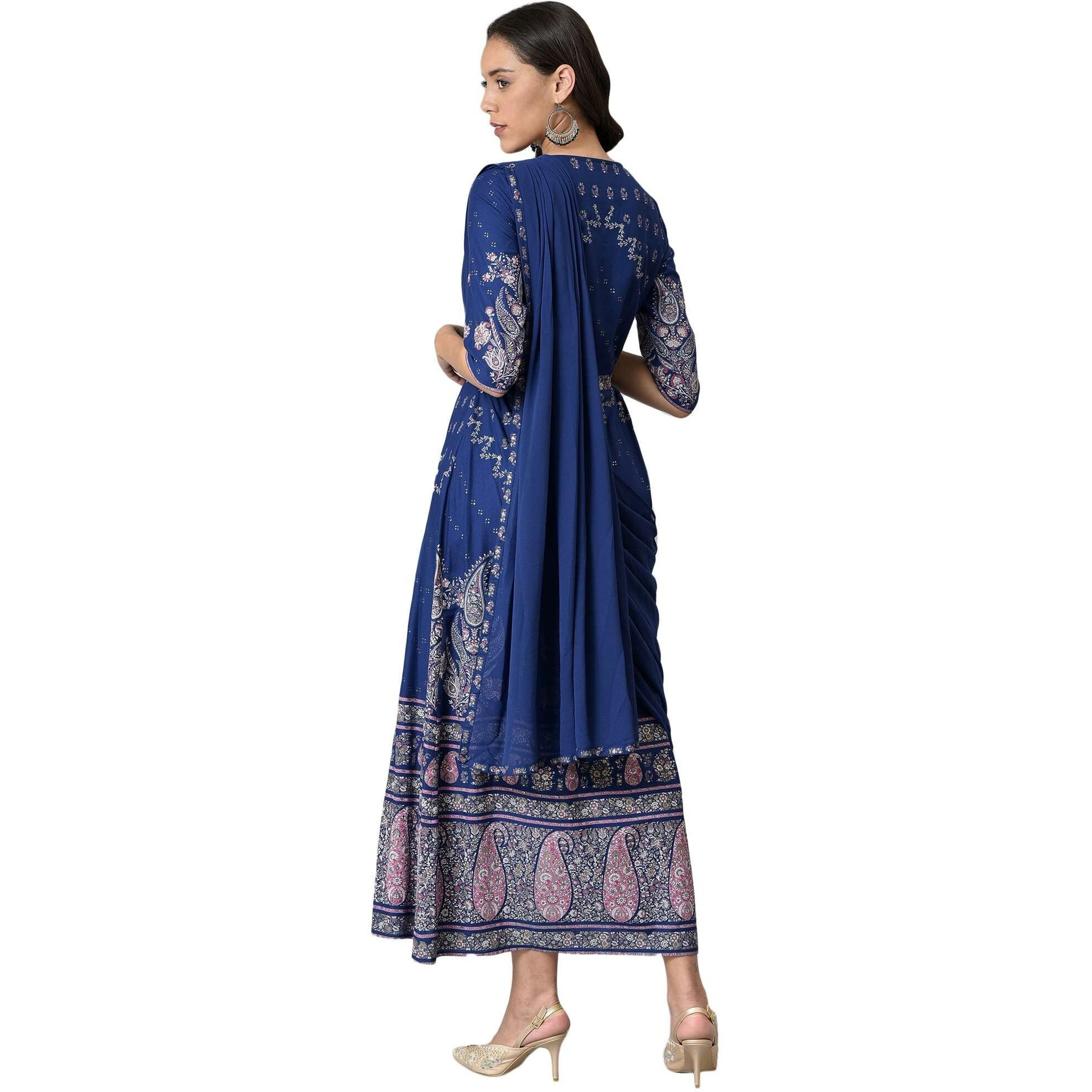 W For Woman Blue Printed And Embroiderd Insta Saree Dress_22Auw18583-119023_S_8