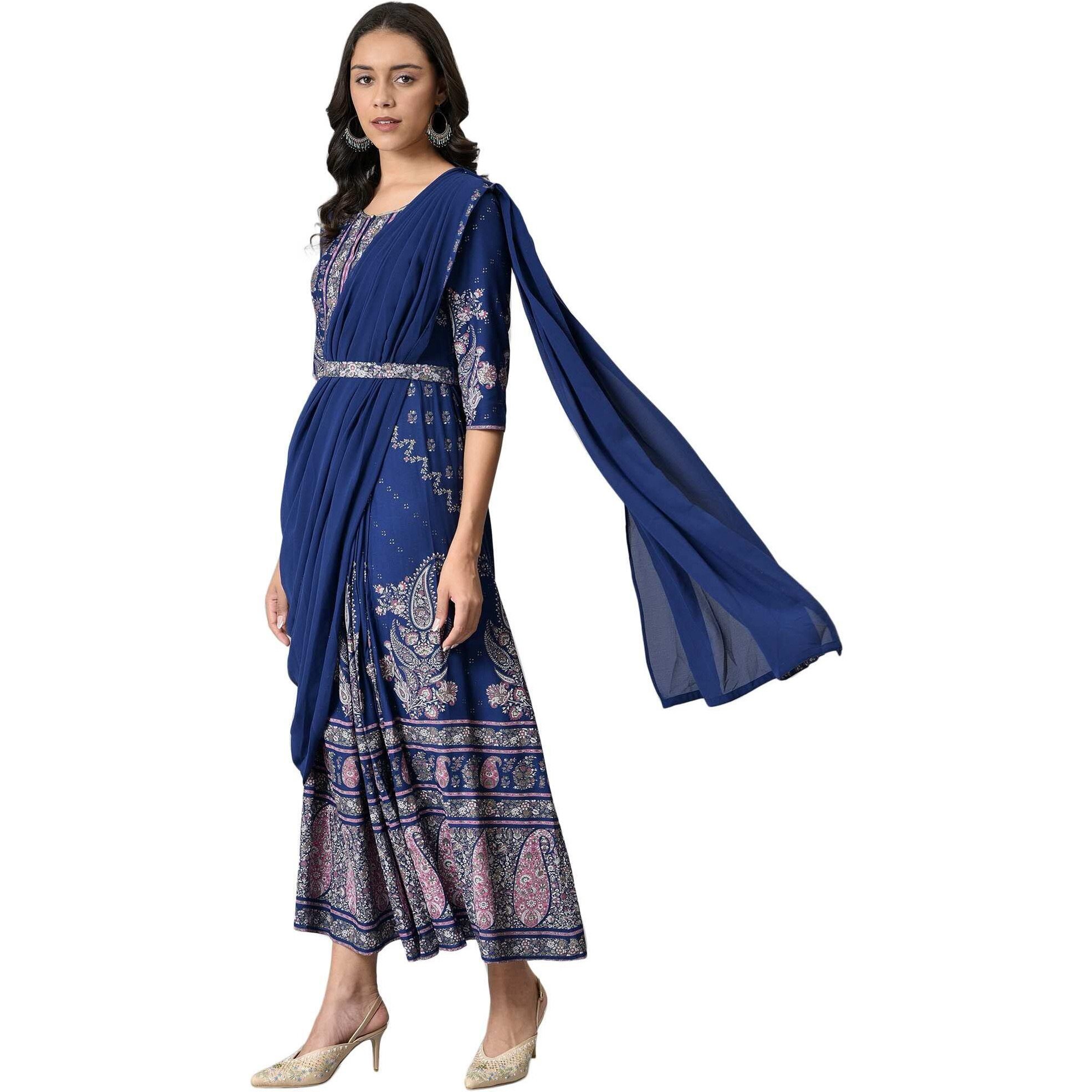 W For Woman Blue Printed And Embroiderd Insta Saree Dress_22Auw18583-119023_S_8