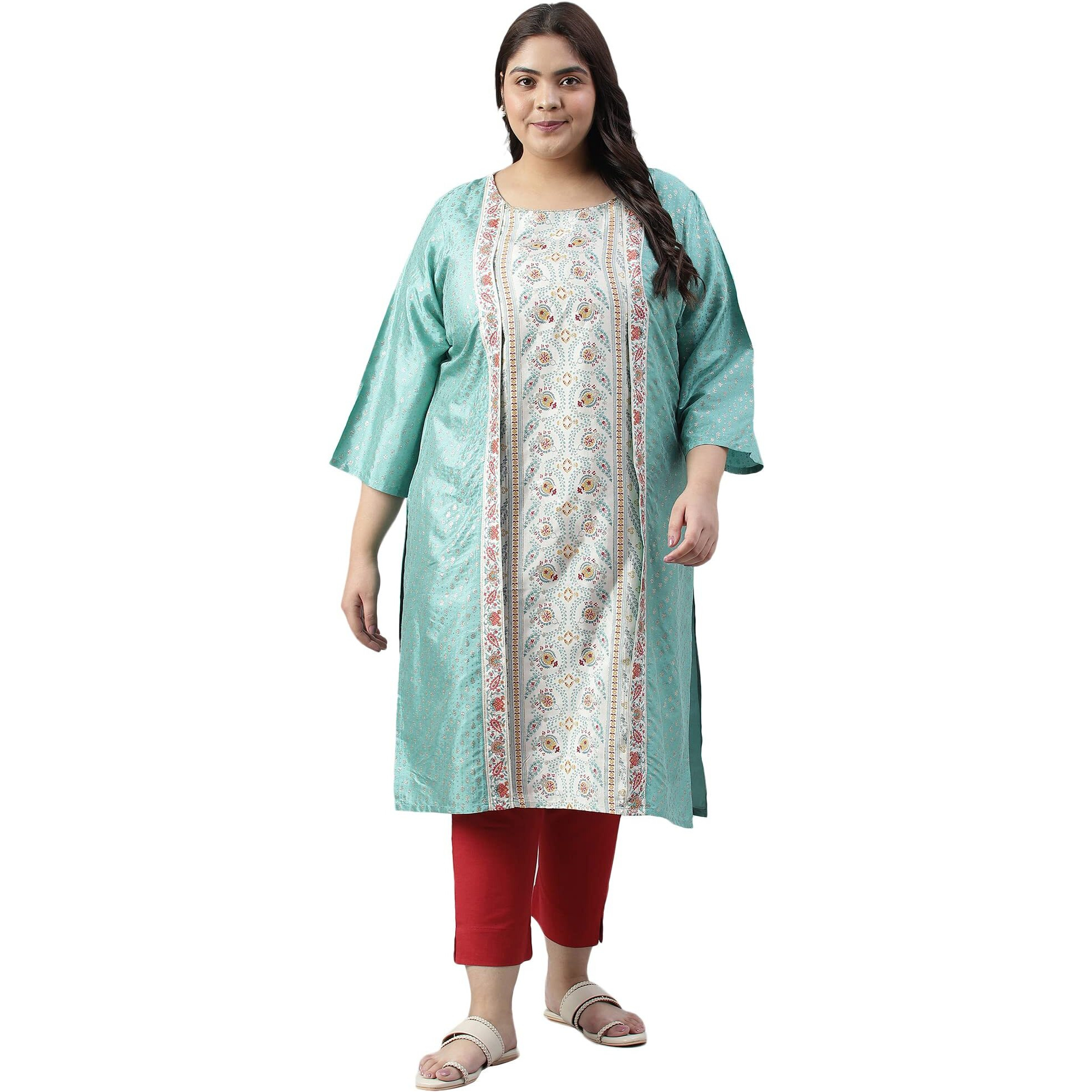 W For Woman Green And Ecru Mock Layered Printed Plus Size Kurta_22Auw18133G-119215_5Xl