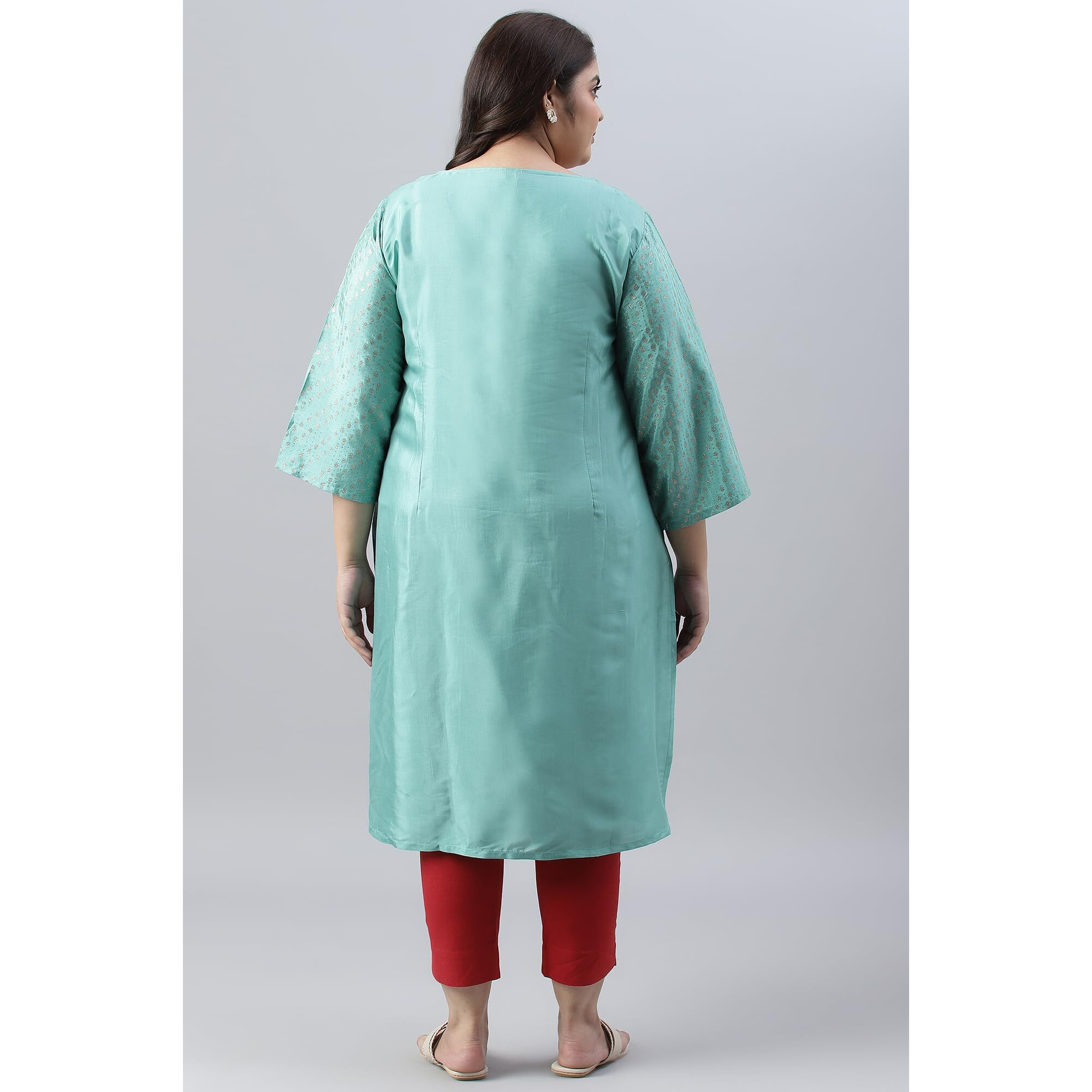 W For Woman Green And Ecru Mock Layered Printed Plus Size Kurta_22Auw18133G-119215_5Xl