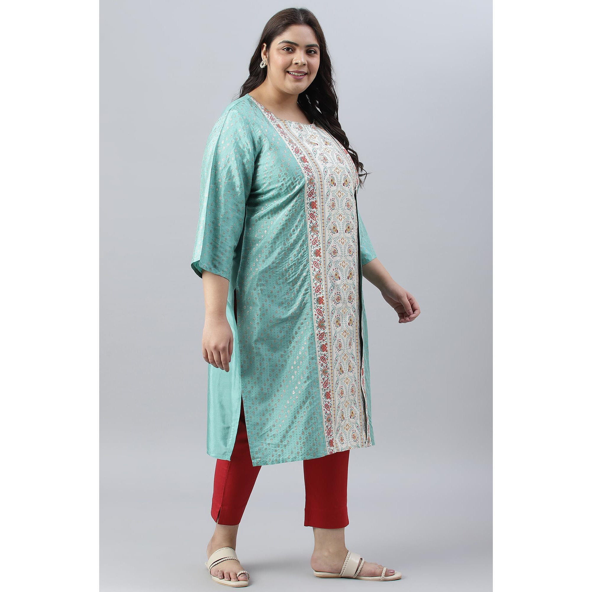W For Woman Green And Ecru Mock Layered Printed Plus Size Kurta_22Auw18133G-119215_5Xl