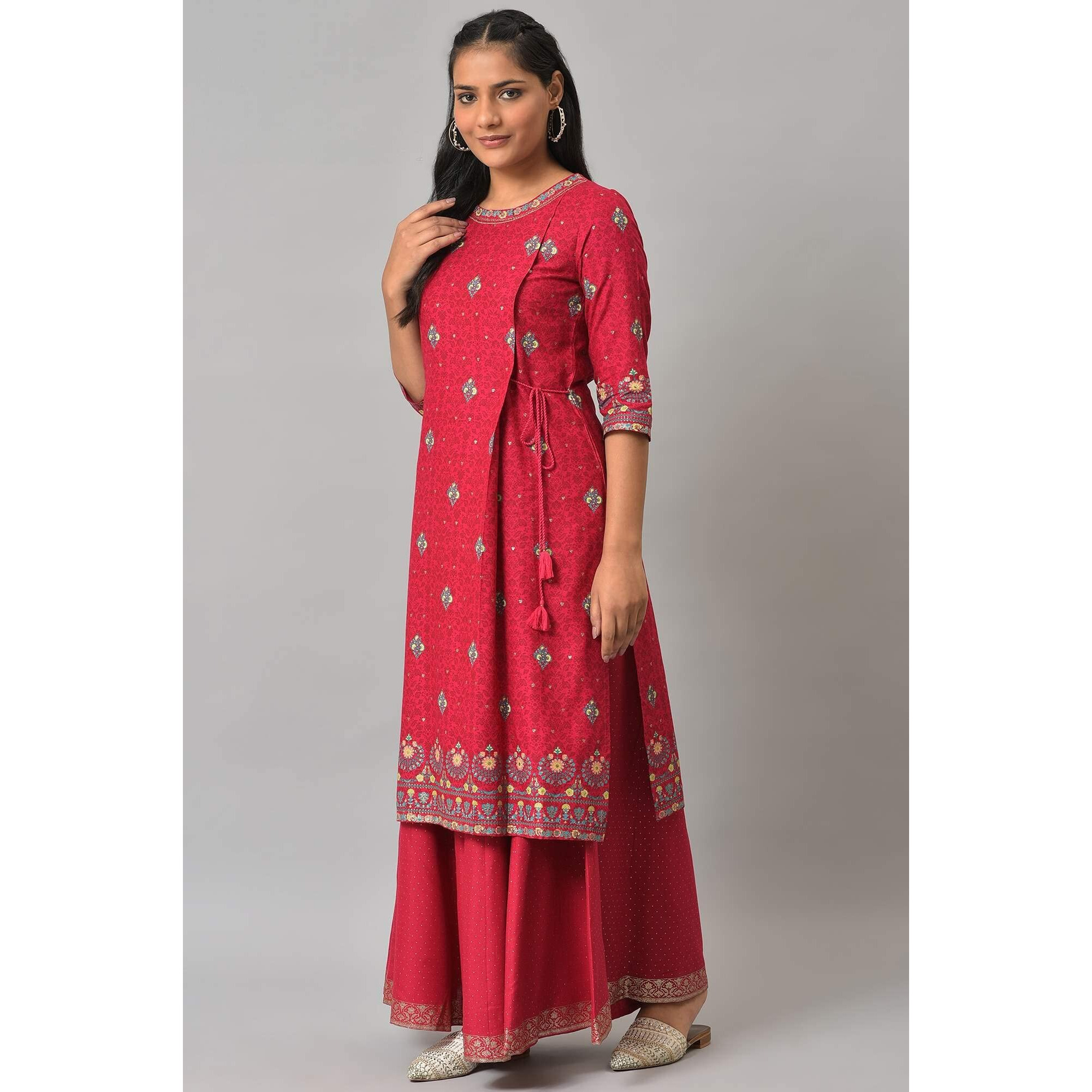 W For Woman Fuschia Pink Floral Printed Kurta With Sequins_22Auw18358-119197_Xl