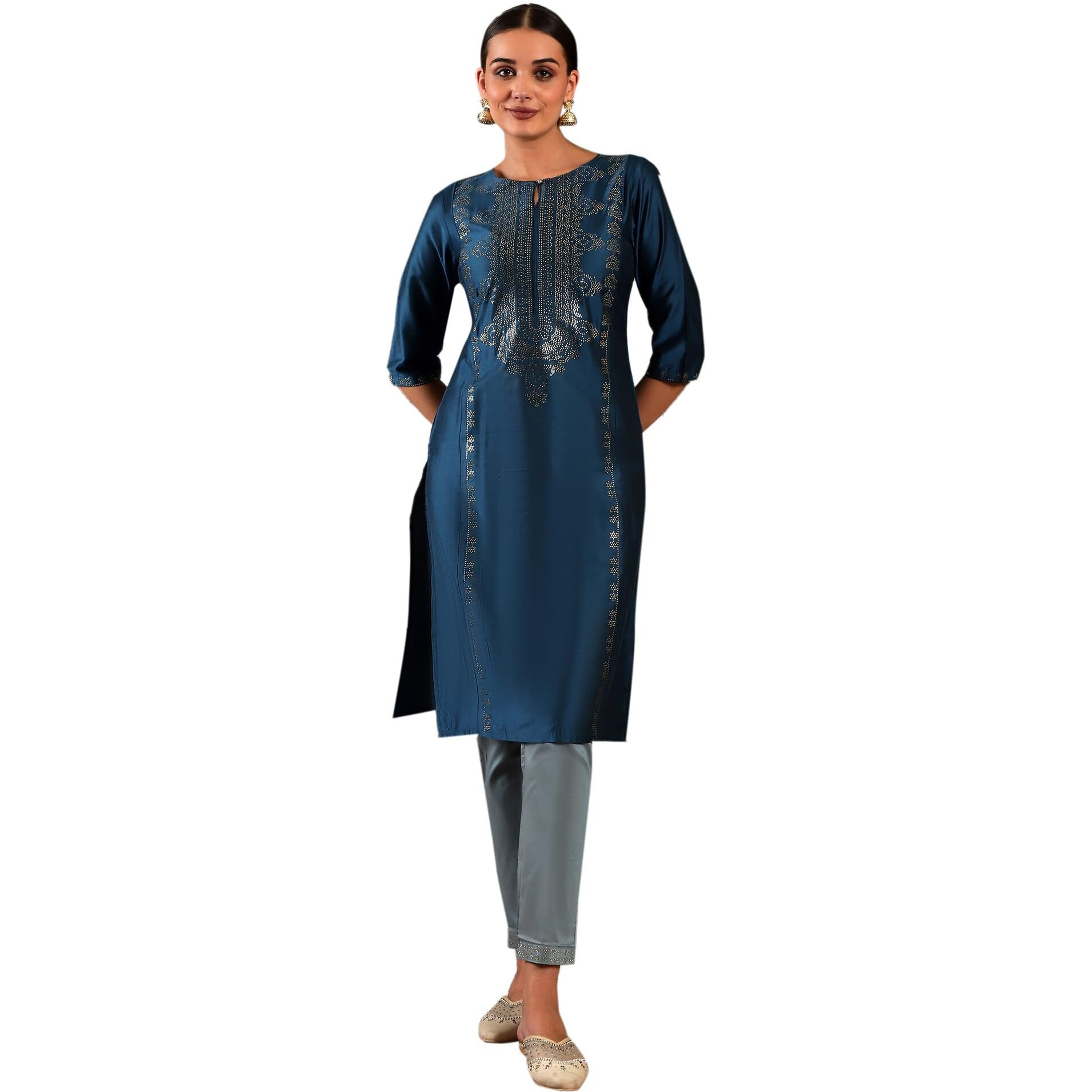 W Women Ps Mukaish Straight Kurta In Blue Colour | Women Mukaish Placement Print Blue Kurta | Blue Festive Straight Kurti For Women